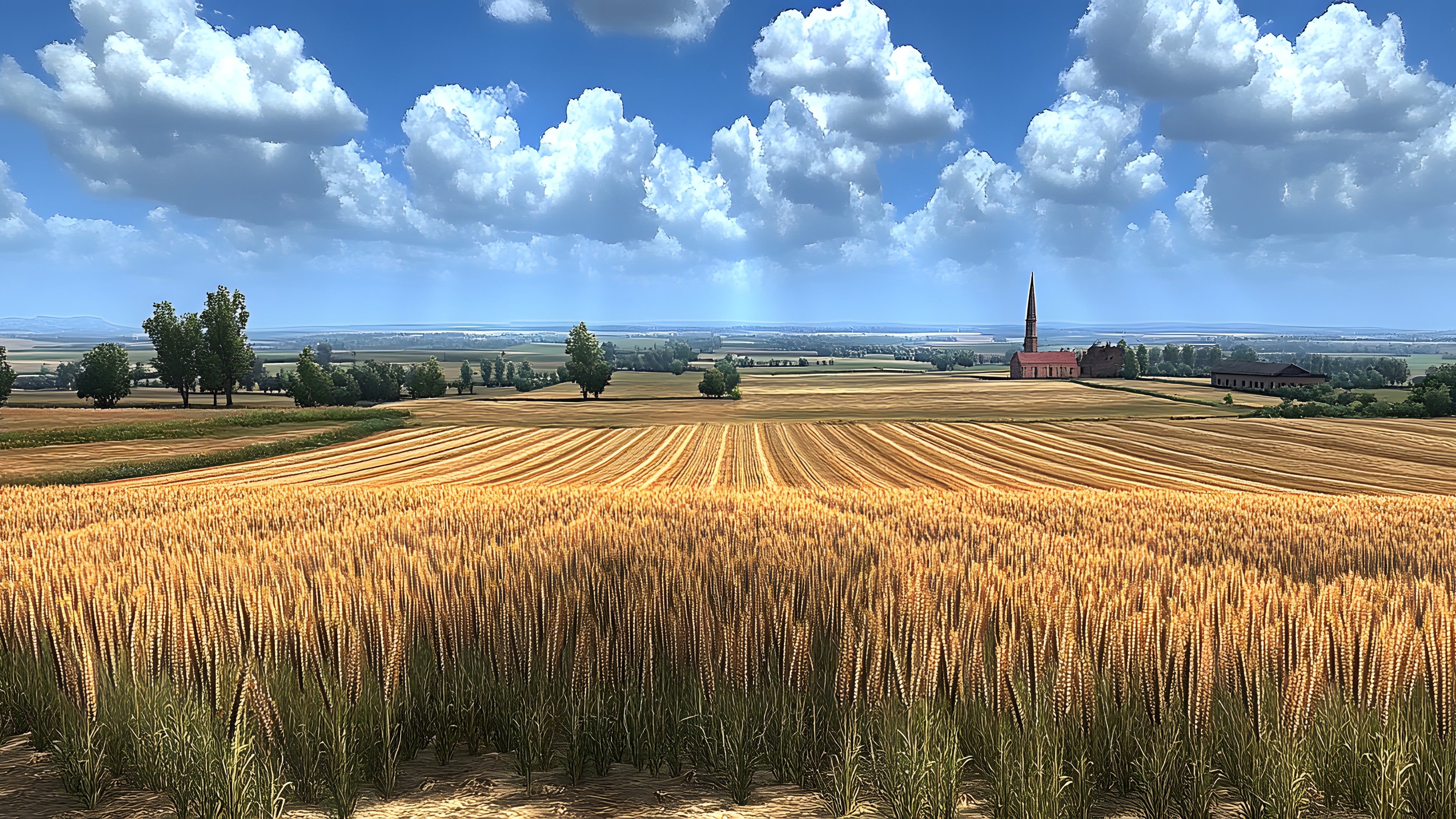 Blue, Cloud, Agriculture, Field, Yellow, Natural landscape, Plain, Horizon, Summer, Plantation, Grassland, Crop, Cumulus, Ecoregion, Rural area, Grasses, Prairie, Wheat, Sunlight, Meadow