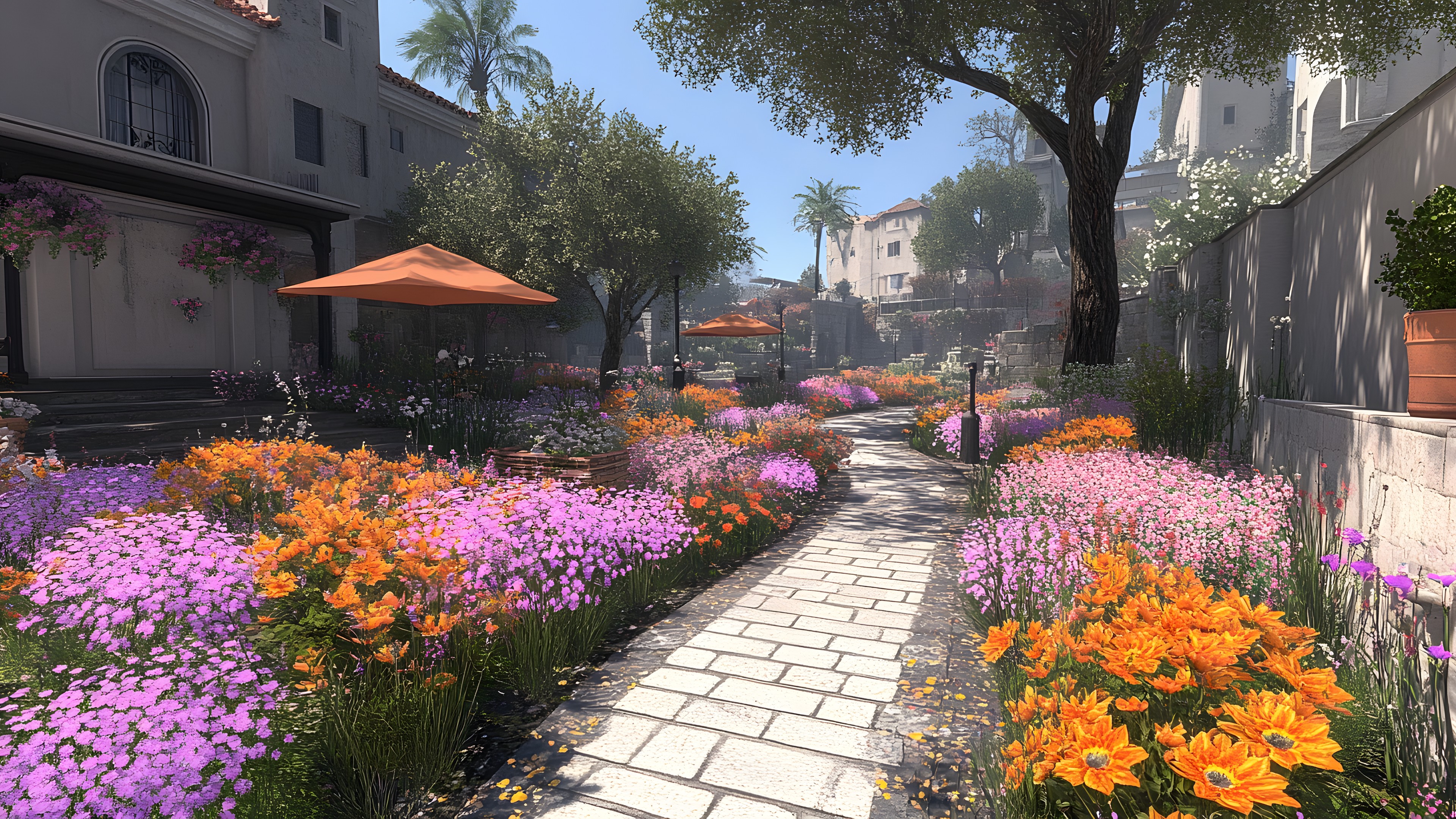 Flower, Garden, Flowering plant, Landscaping, Herbaceous plant, Wildflower, Botanical garden, Perennial plant, Palm trees