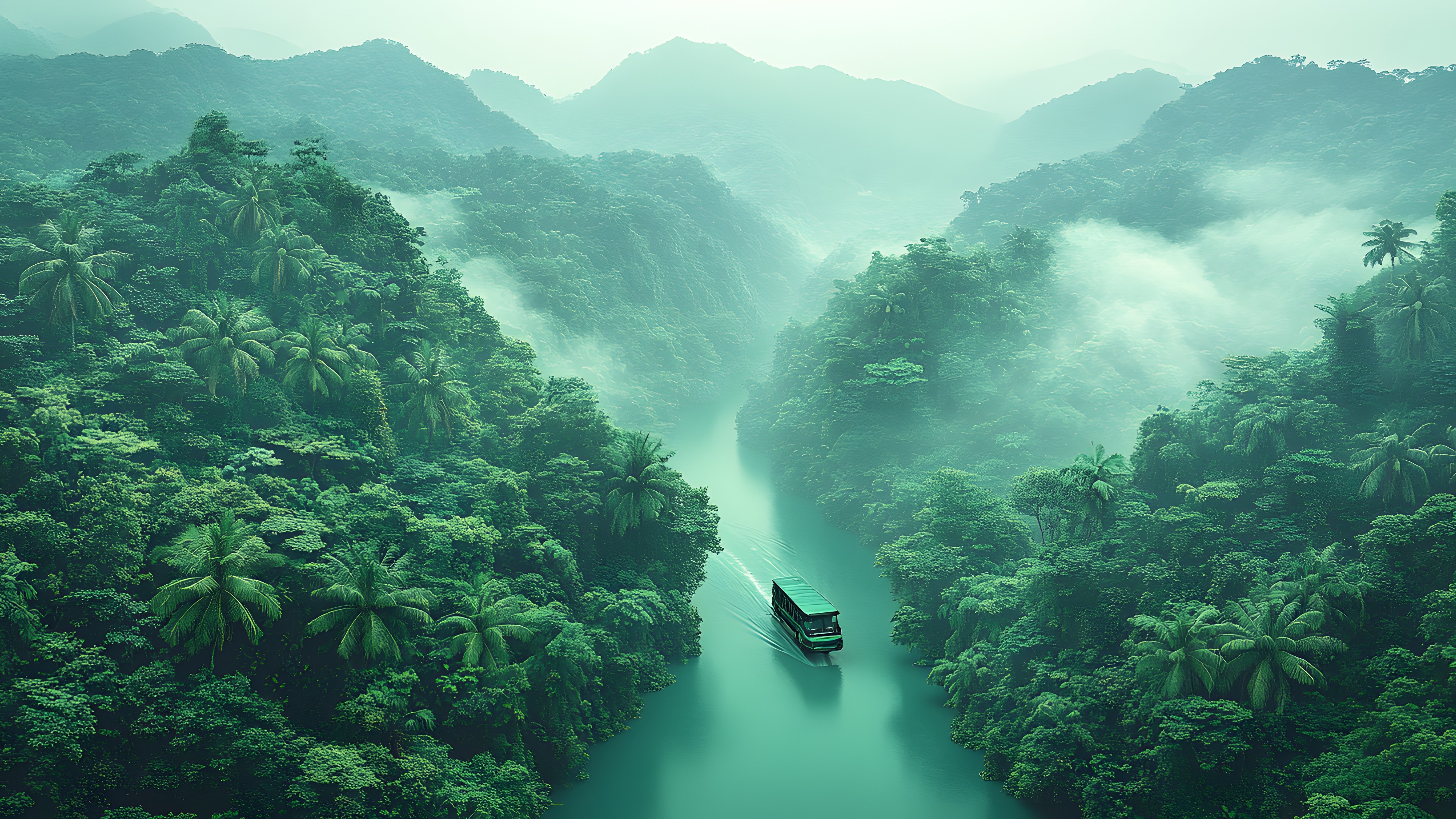 Green, Vegetation, Watercourse, atmospheric phenomenon, Forest, Jungle, Fluvial landforms of streams, Rainforest, River, Tourist attraction, Nature reserve, Hill station, Channel, Valdivian temperate rain forest, Stream, Mist, Watercraft, Old-growth forest, Mountain river, Boat