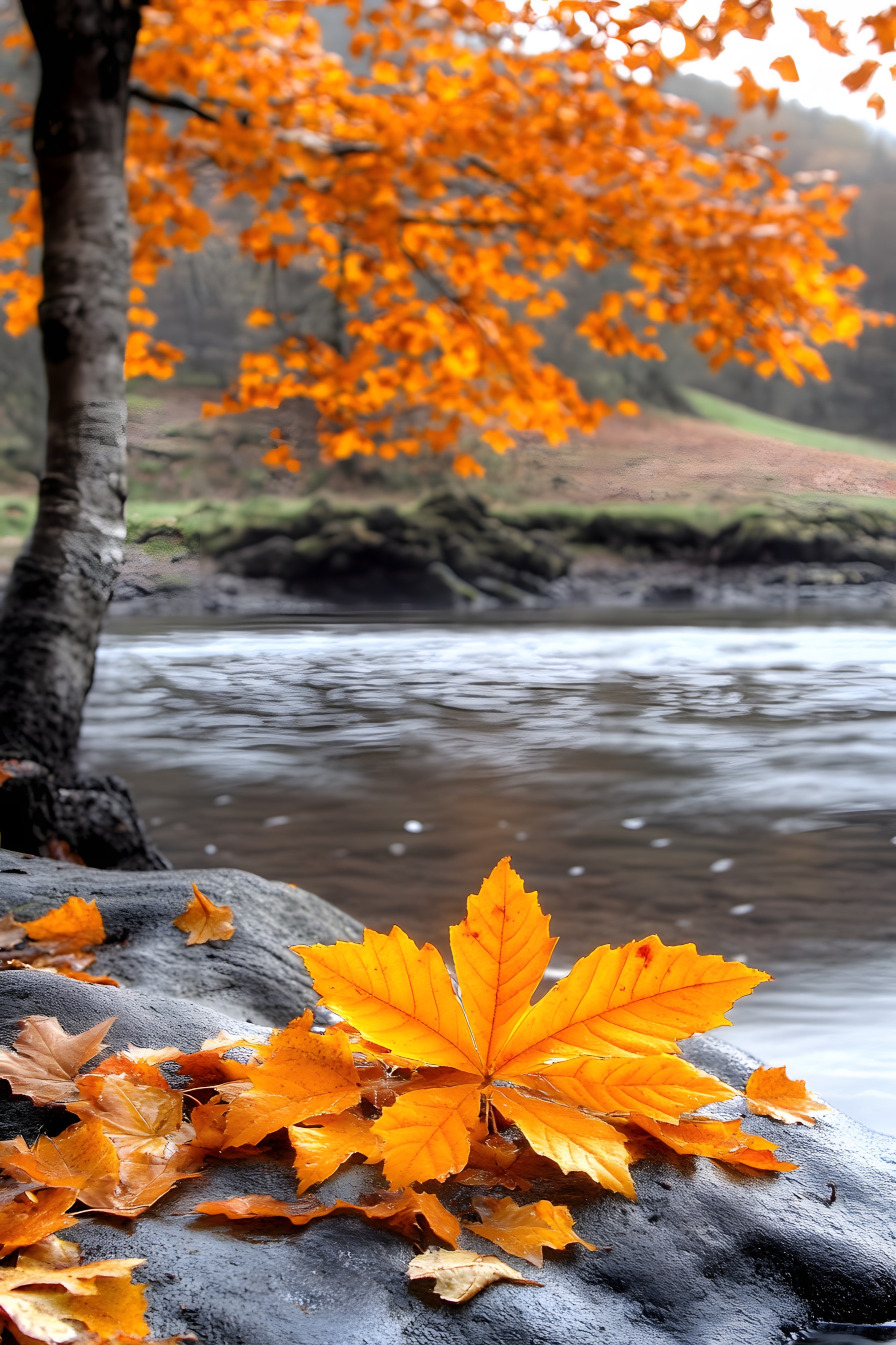 Yellow, Leaf, Orange, Autumn, Stream, Fluvial landforms of streams, Reflection, Maple leaf, Maple, Sugar maple, Temperate broadleaf and mixed forest, Wind