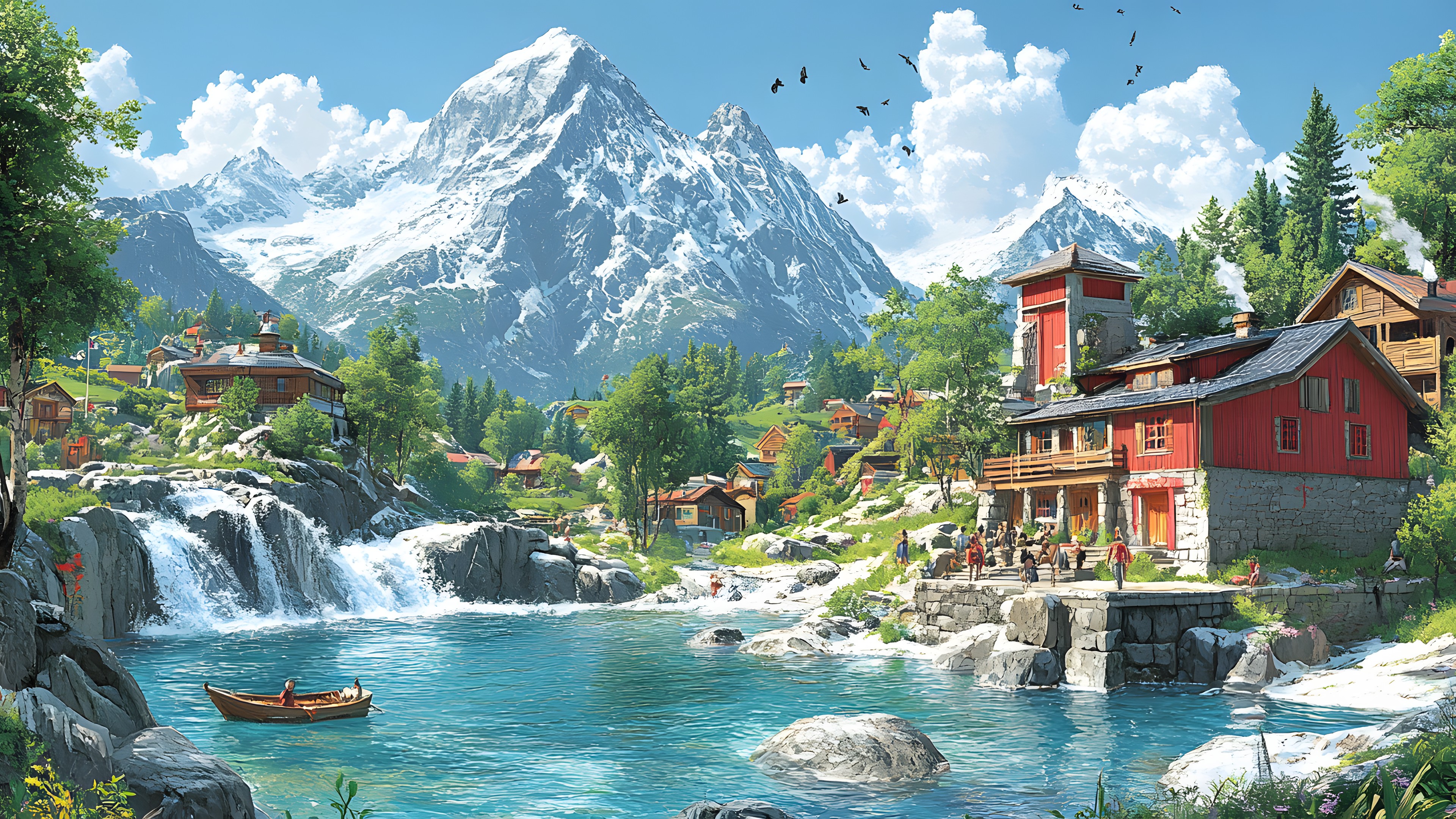 Mountainous landforms, Natural landscape, Mountain, Hill, Mountain range, Highland, Landscape, Valley, Hill station, Cloud, Mountain river, Village, Tourist attraction, Alps, Mountain Village, River, Fluvial landforms of streams, Ridge, Fell, Summit