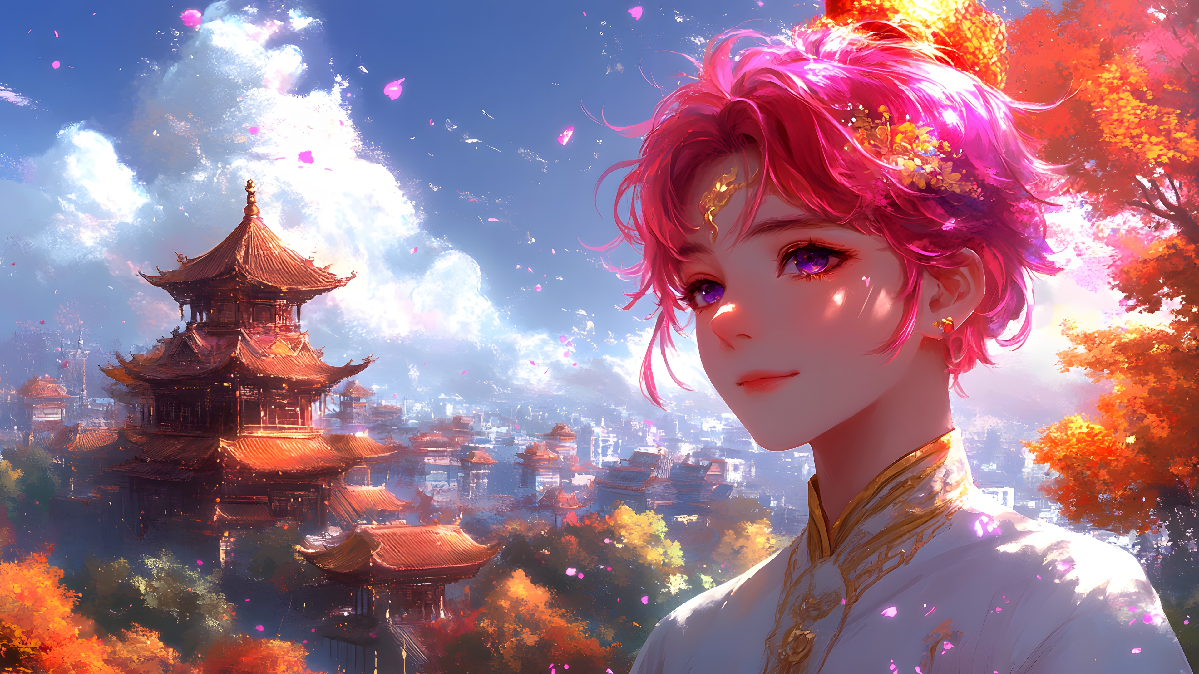 Red, Pink, CG artwork, Animation, Costume, Fictional character, Evening, Dusk, Red hair, Anime, Red sky at morning, Rose family, Animated cartoon