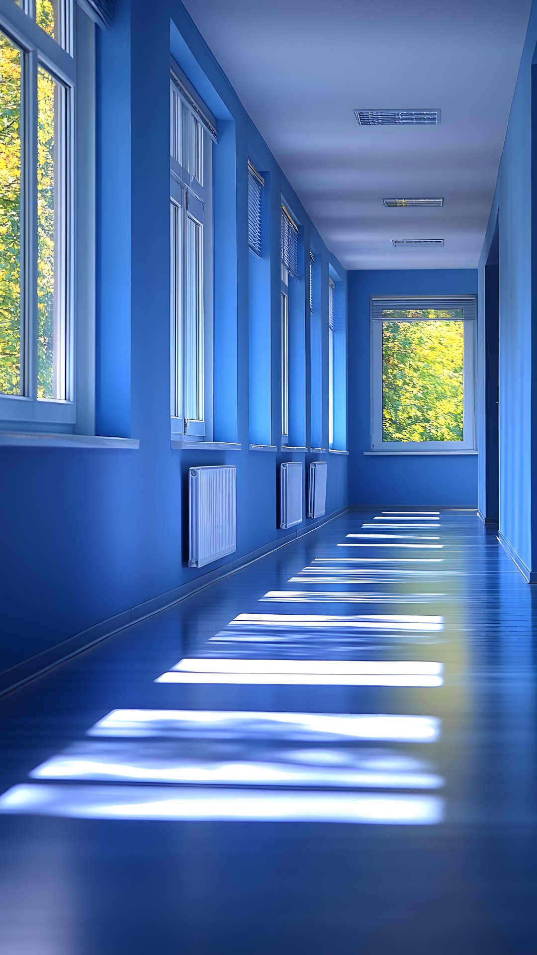 Blue, Flooring, Floor, Interior design, Ceiling, Composite material, Glass, Paint, Symmetry, Design, Cleanliness, Daylighting, Shadow, Walkway