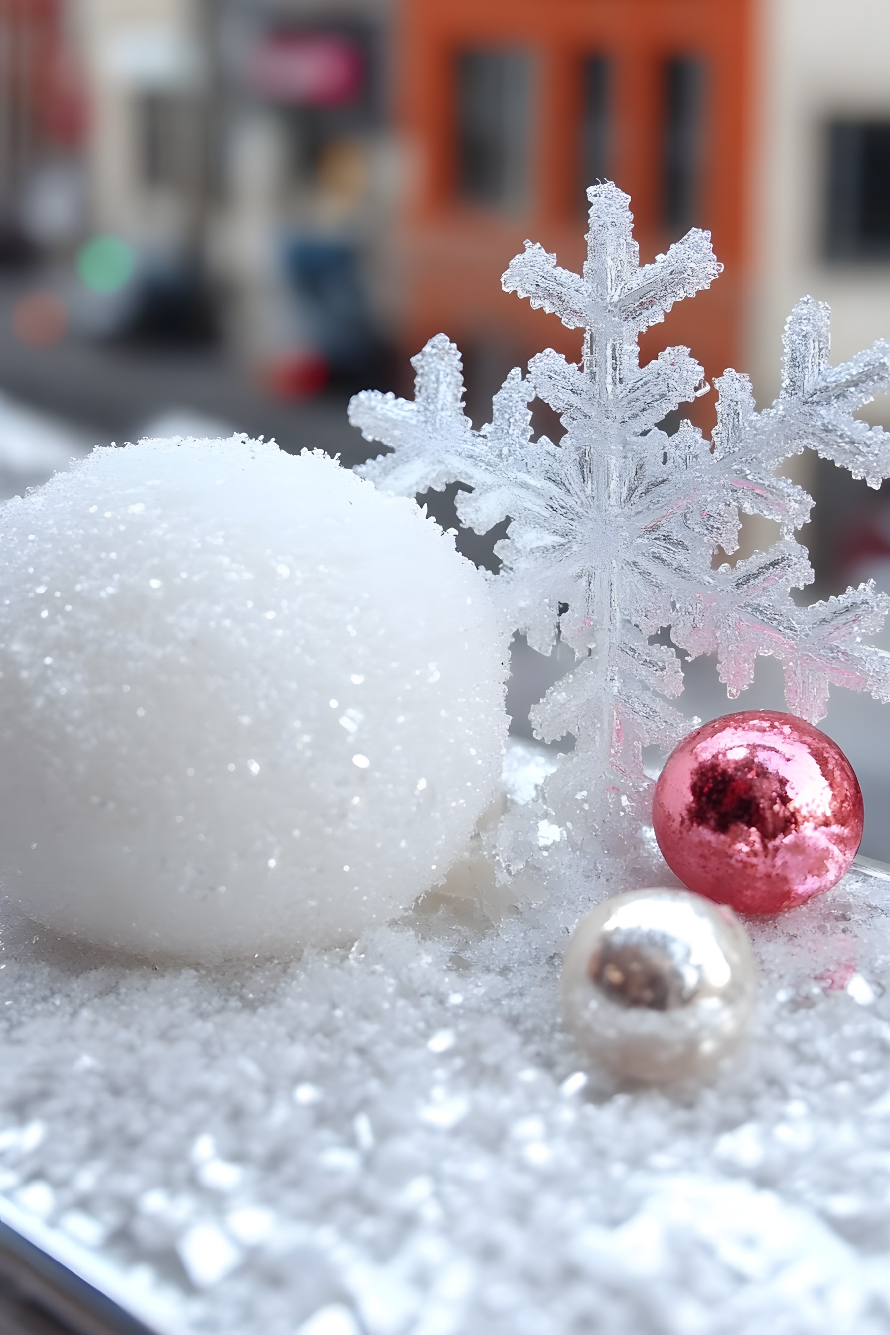 Winter, Sphere, Silver, Christmas ornament, Ornament, Christmas decoration, Natural material, Craft, Conifers, Snowflake, Snow, Christmas Day, Frost, Glitter