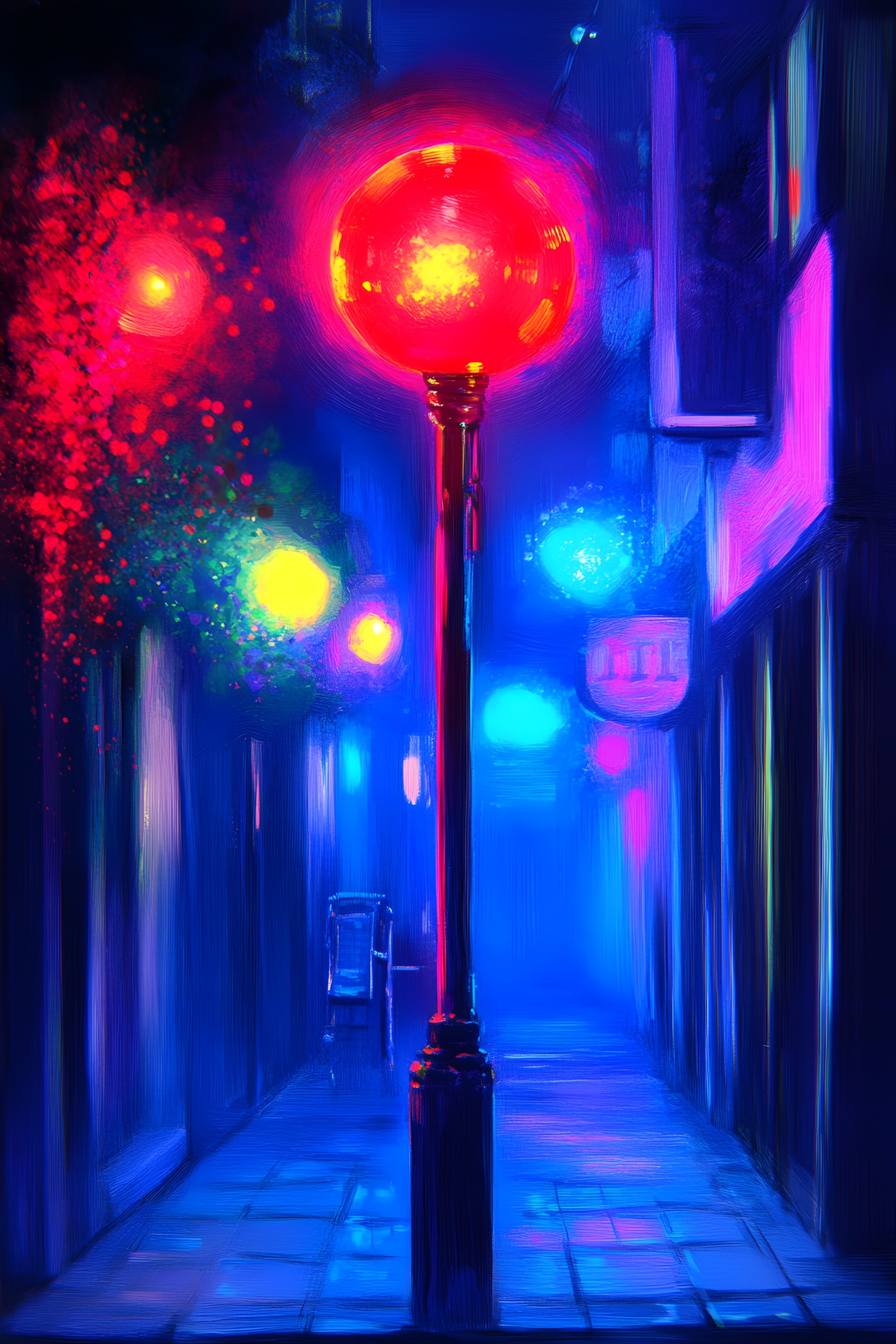 Blue, Red, Lighting, Electricity, Light fixture, Night, Paint, Neon, Security lighting