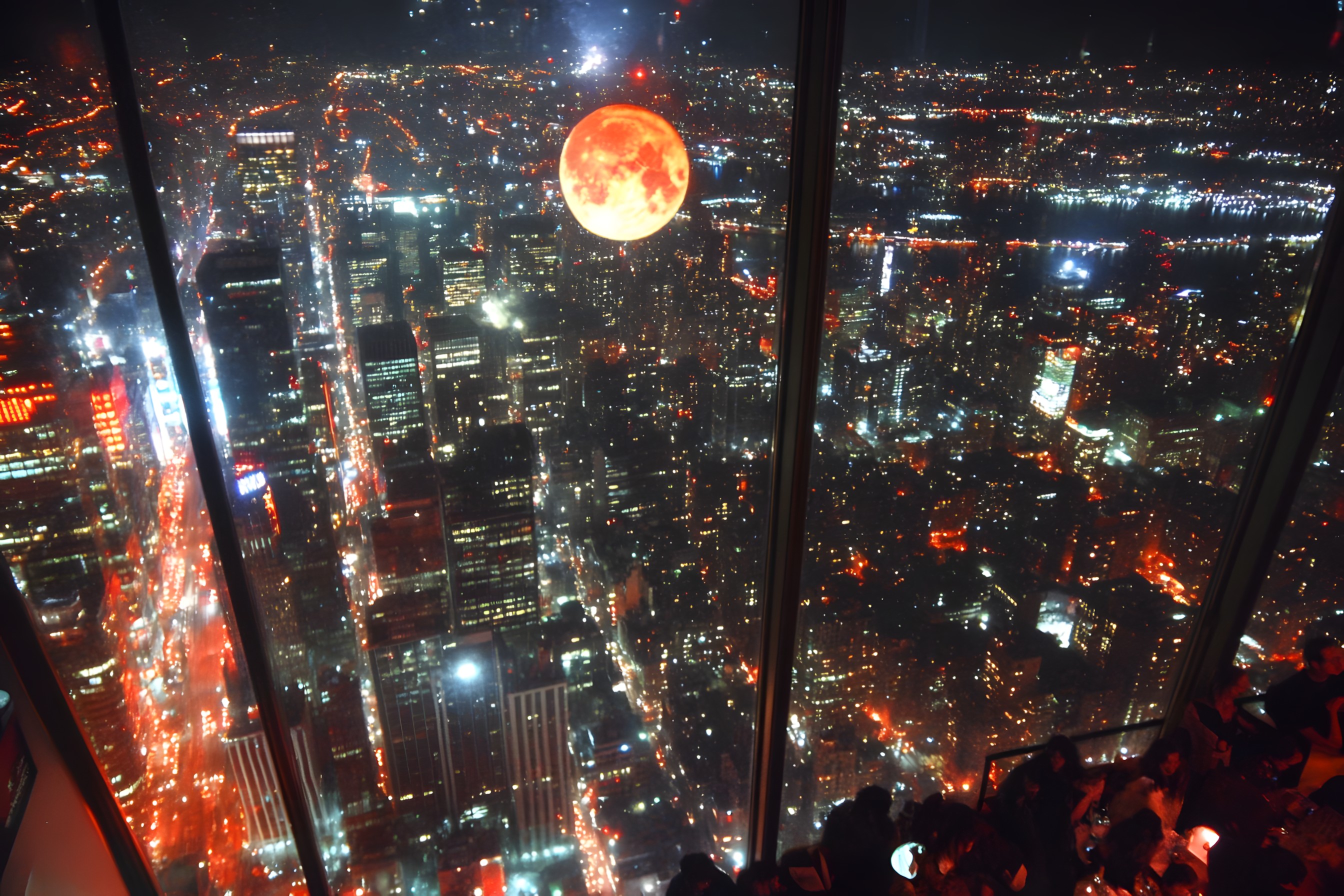 Metropolitan area, Urban area, City, Night, Metropolis, High-rise building, Skyscraper, Tower, Cityscape, Midnight, Astronomical object, Moon, Bird's-eye view, Aerial photography, Skyline, Celestial event, Evening, Moonlight, Sphere, Full moon