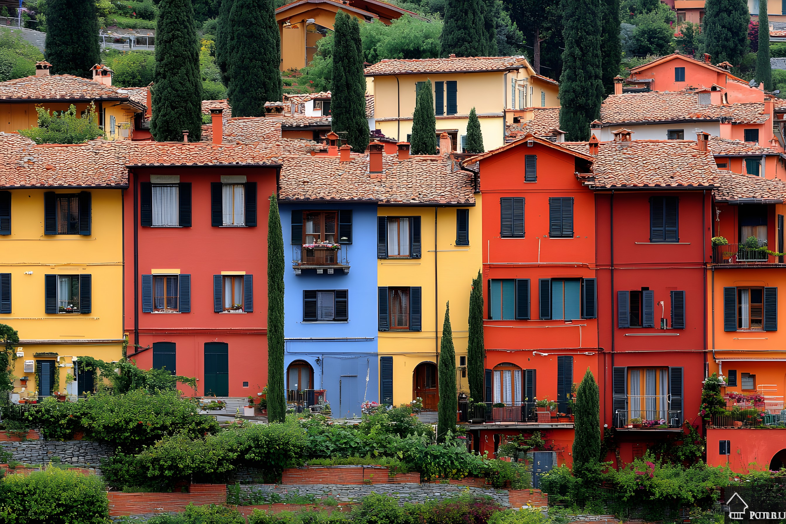 Neighbourhood, Facade, House, Home, Apartment, Balcony, Paint, Conifers