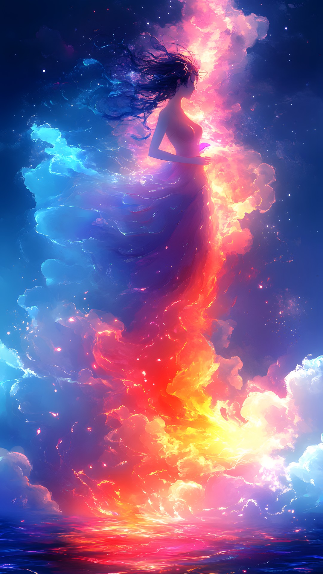 Blue, Orange, CG artwork, Fictional character, Meteorological phenomenon, Wind, Gown, Graphics, Animation, Anime