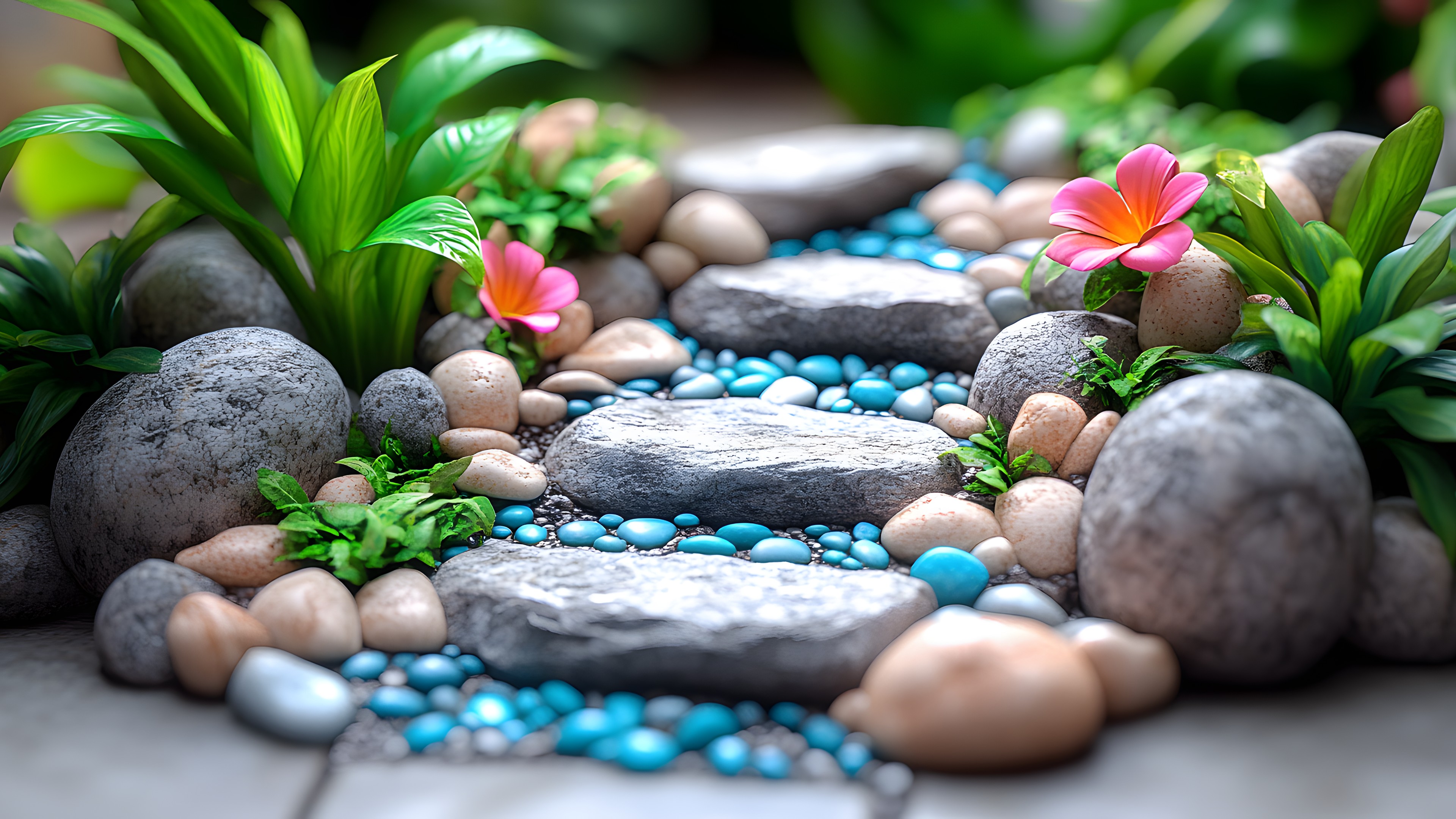 Green, Pebble, Rock, Gravel, Garden, Flowerpot, Natural material, Houseplant, Perennial plant