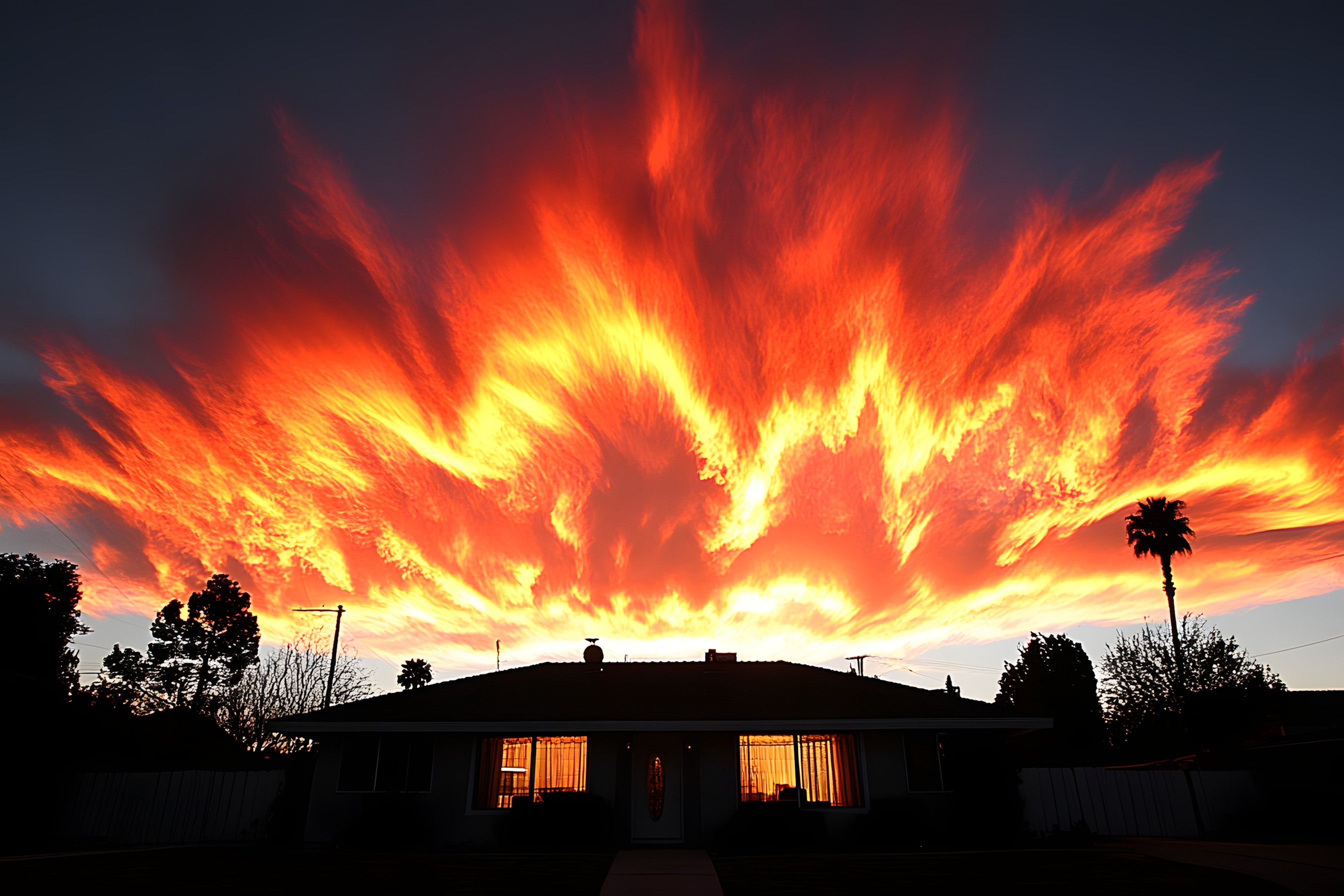 Orange, Cloud, Heat, geological phenomenon, Afterglow, Dusk, Sunset, Evening, Sunrise, Red sky at morning, Meteorological phenomenon, Cumulus, Fire, Smoke, Dawn, Palm trees, Explosion