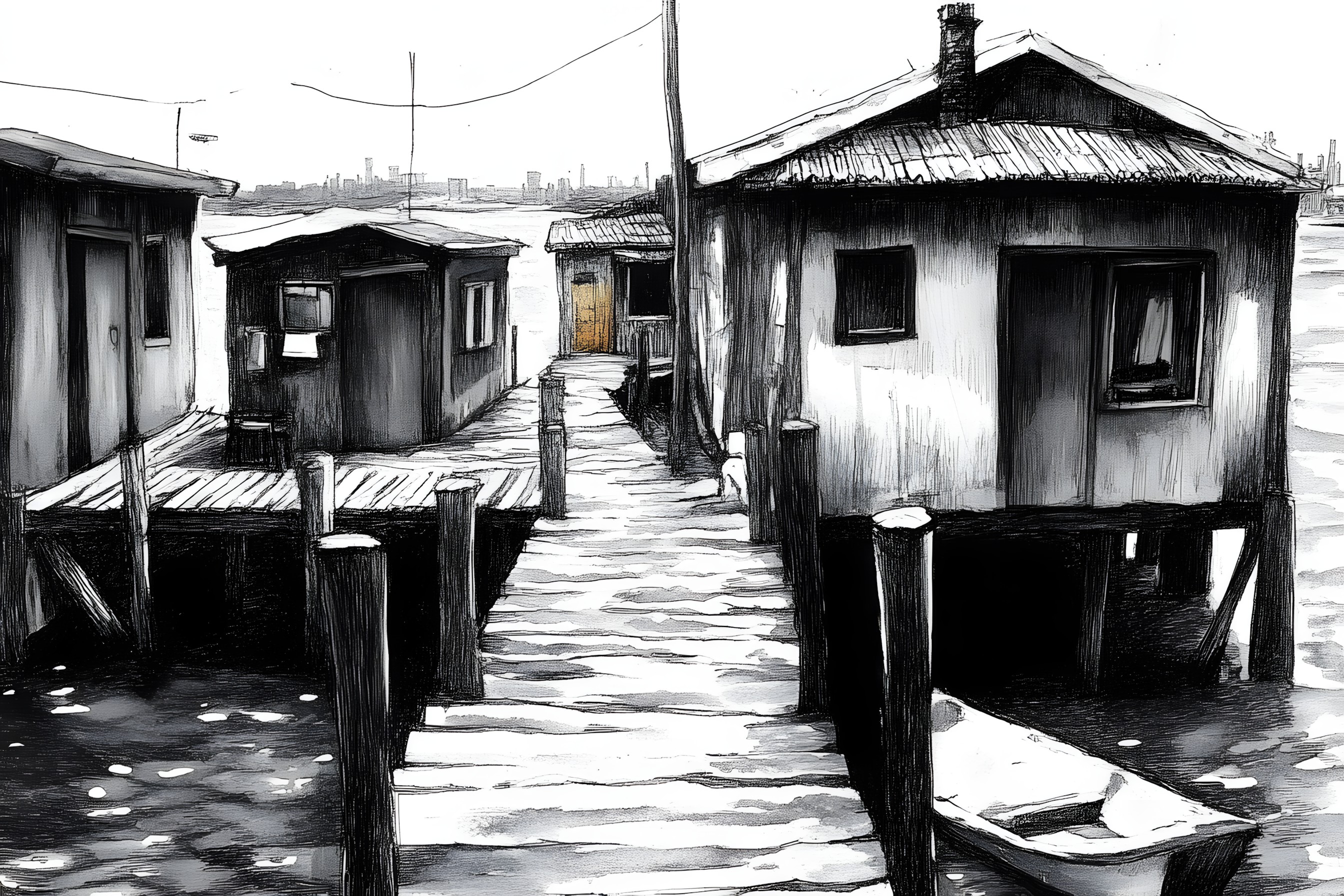 Black and white, Reflection, Hut, Paint, Dock, Shack, Sketch, Boat, Pier