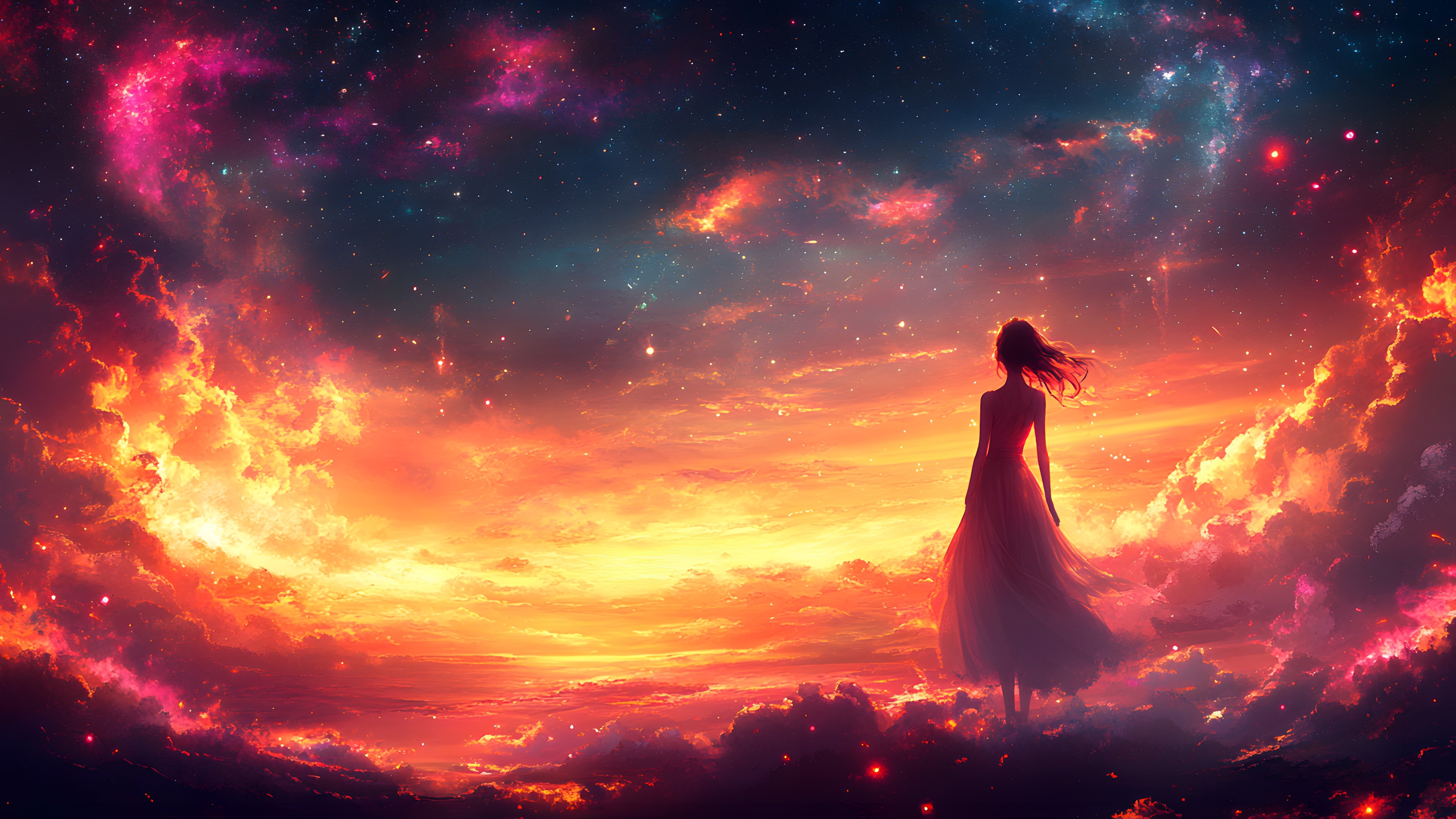 Red, Cloud, Orange, Astronomical object, CG artwork, Red sky at morning, Meteorological phenomenon, Sunrise, Fictional character, Anime, Wind, Star, Afterglow, Universe, Graphics, Dawn, Lens flare, Evening, Animation, Sunset