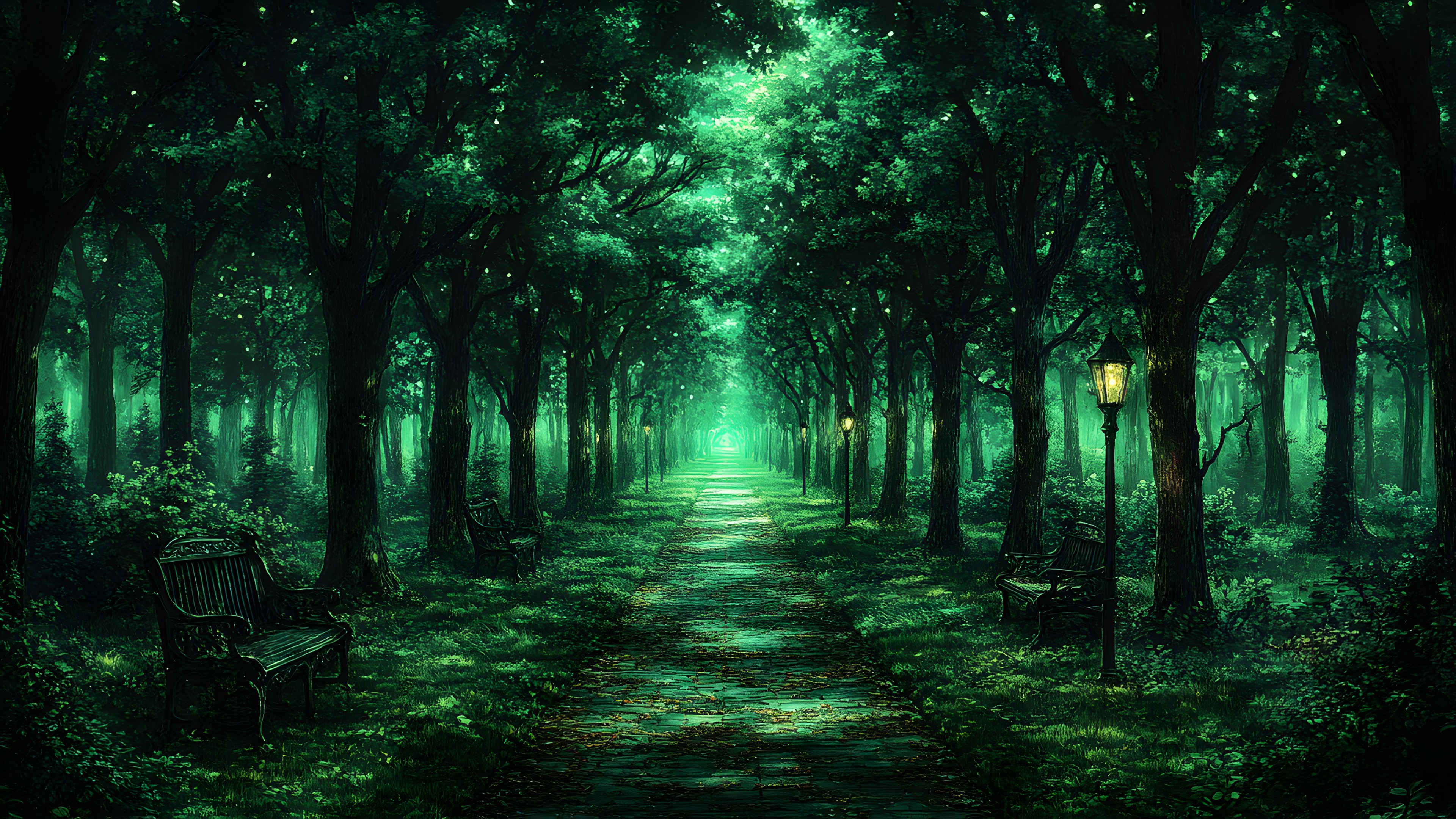 Green, Nature, Natural environment, Vegetation, Forest, atmospheric phenomenon, Trunk, Woodland, Jungle, Old-growth forest, Woody plant, Grove, Sunlight, Temperate broadleaf and mixed forest, Northern hardwood forest, Rainforest, Walkway, Trail, Tropical and subtropical coniferous forests, Valdivian temperate rain forest