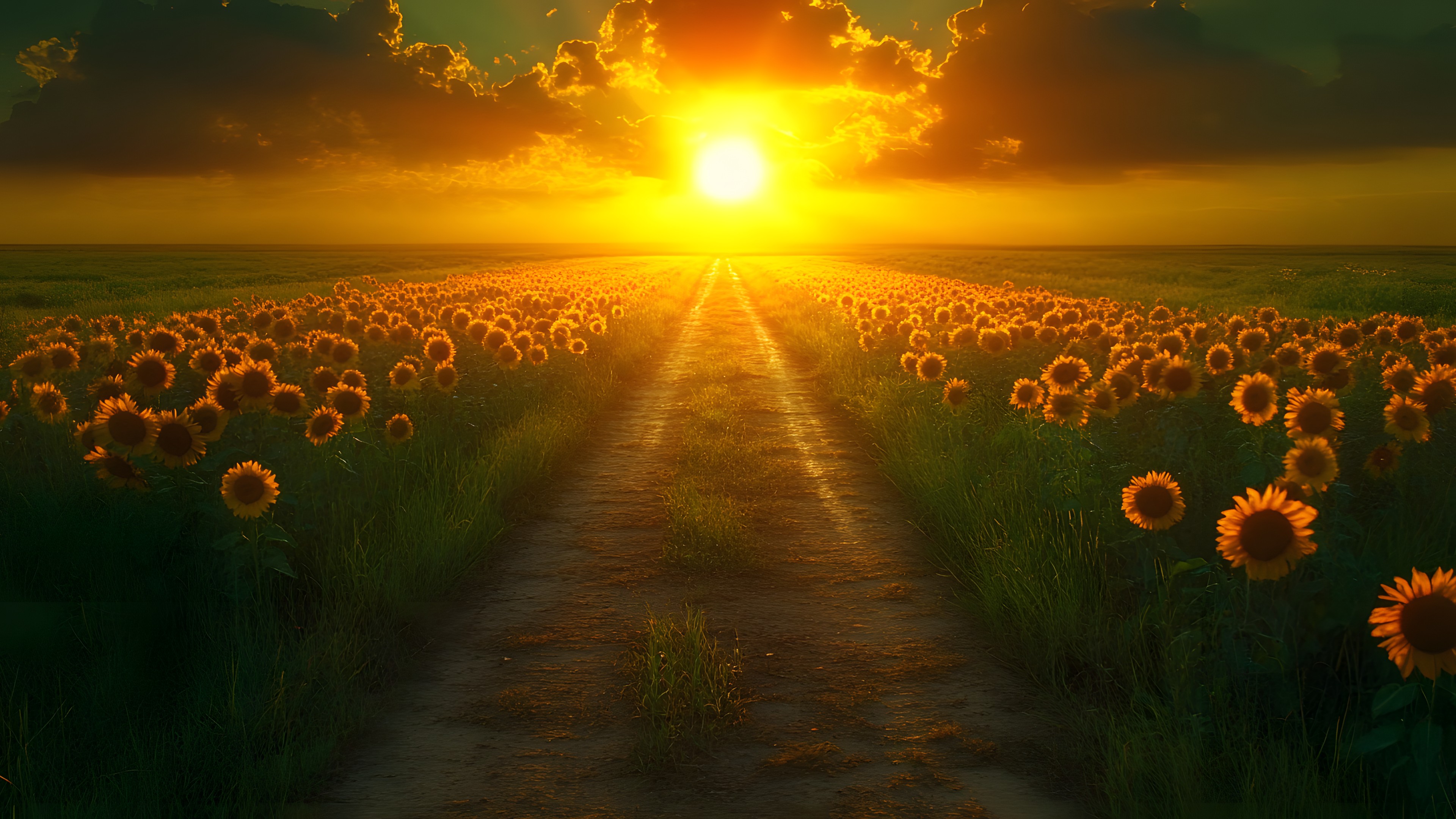 Yellow, Flower, Cloud, Sun, Sunset, Afterglow, Horizon, Field, Sunrise, Summer, Orange, Common sunflower, Agriculture, Dusk, Plantation, Evening, Petal, People in nature, Sunlight, Morning