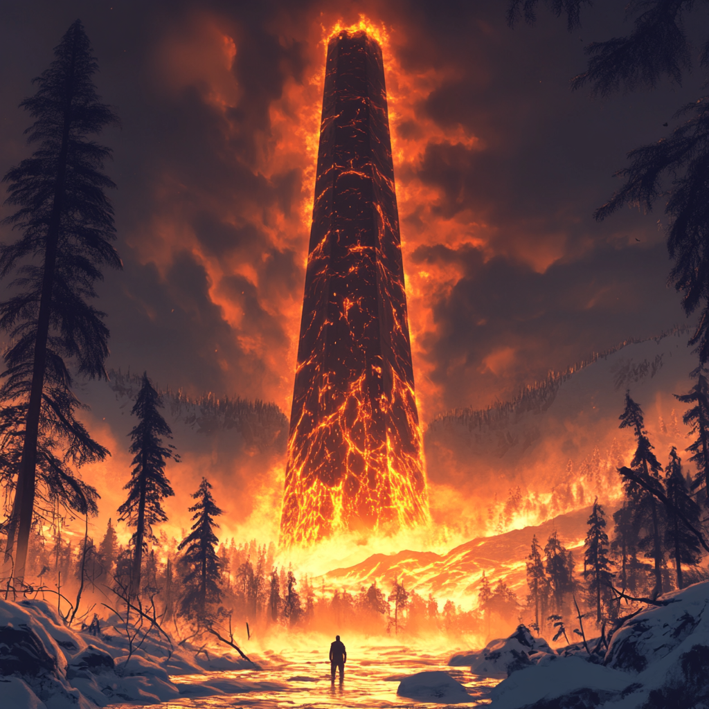 Orange, Heat, geological phenomenon, Tower, Fire, Flame, Evening, Dawn, Volcano, Meteorological phenomenon, Sunrise, Spire, Dusk, Red sky at morning, Sunset, Afterglow