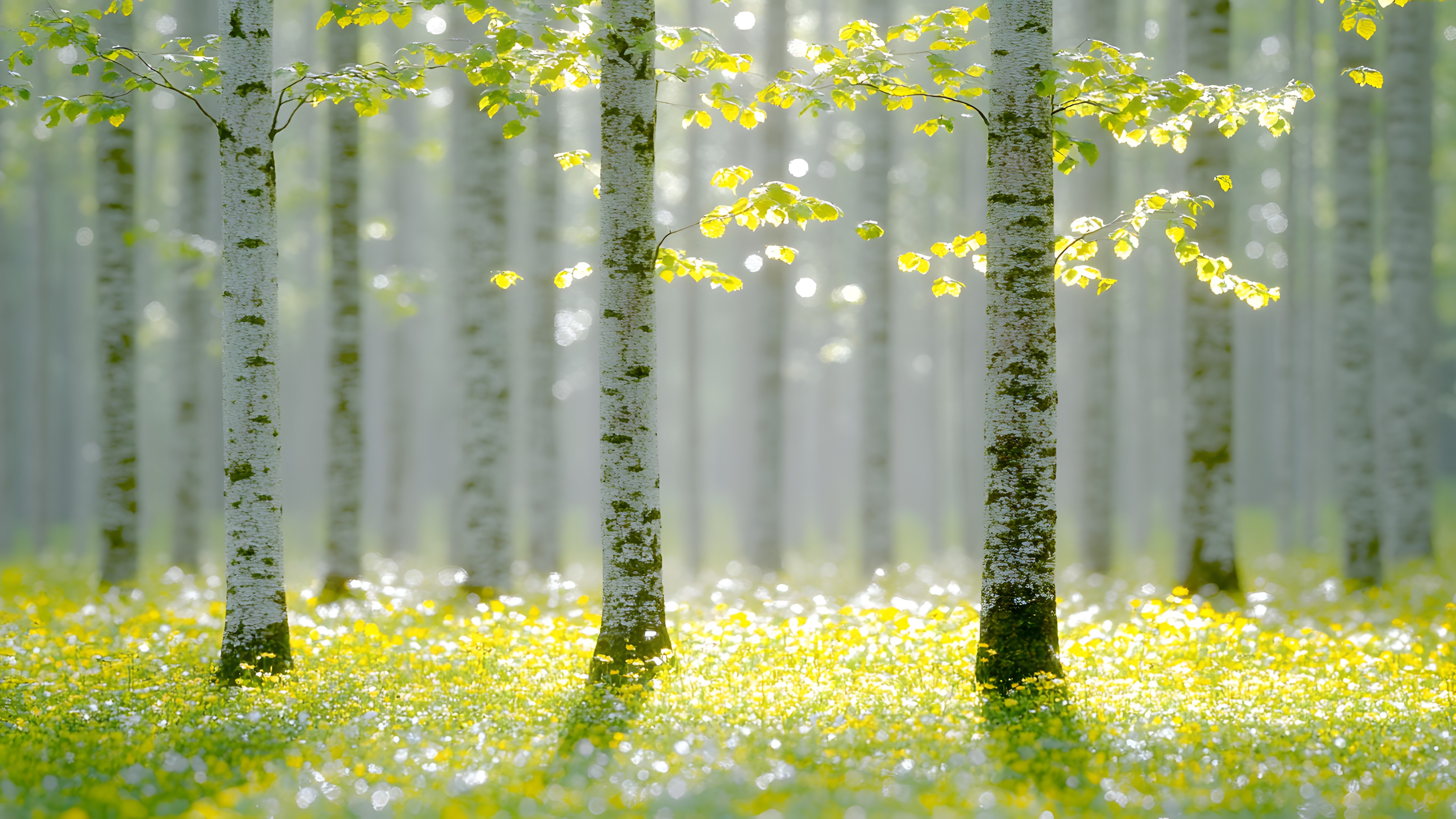 Green, Yellow, Forest, Grove, Spring, Trunk, Woody plant, Woodland, Northern hardwood forest, Sunlight, Temperate broadleaf and mixed forest, Plant stem, Old-growth forest, Birch, Birch family, Valdivian temperate rain forest, Tropical and subtropical coniferous forests