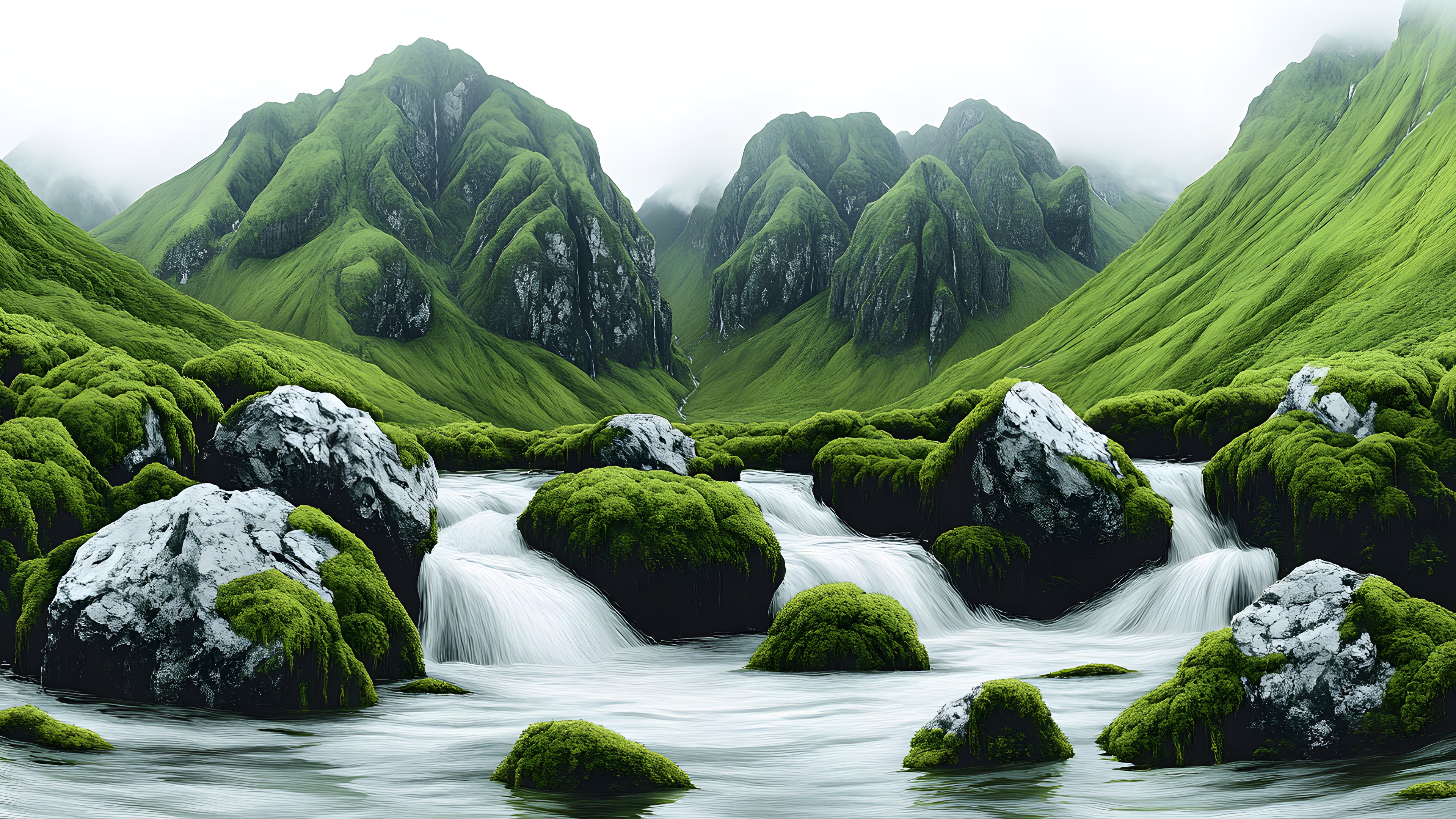 Green, Mountainous landforms, Nature, Natural landscape, Mountain, Stream, Highland, Hill, Landscape, Wilderness, Watercourse, Valley, Mountain river, Mountain range, Hill station, Moss, Fluvial landforms of streams, River, Bryophyte, Green algae