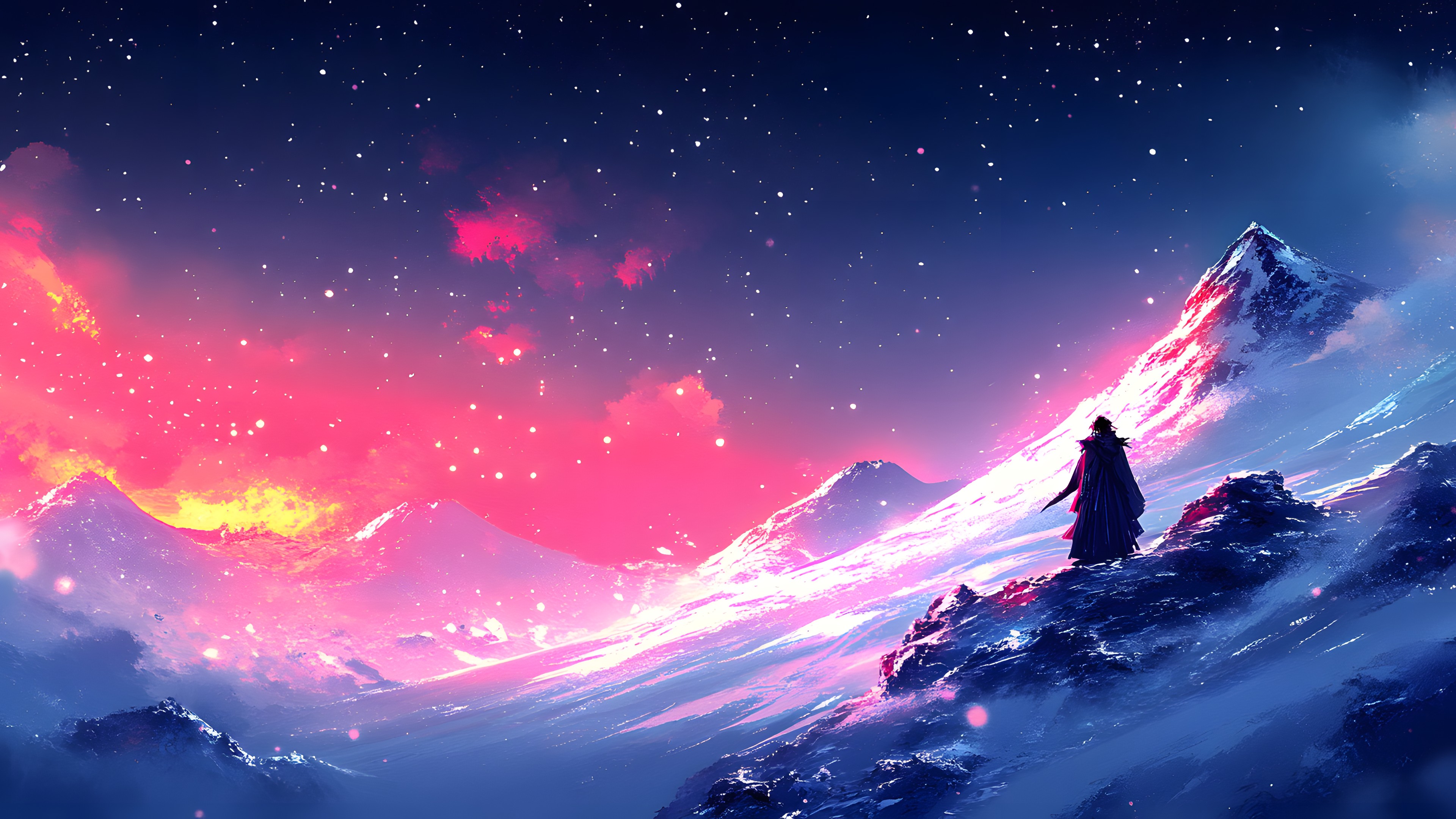 Winter, geological phenomenon, Astronomical object, Mountain range, Star, Snow, Alps, Glacial landform, Summit, Freezing, Graphics, Glacier, Universe, Ridge, CG artwork, Sunrise, Night, Aurora, Arctic, Precipitation