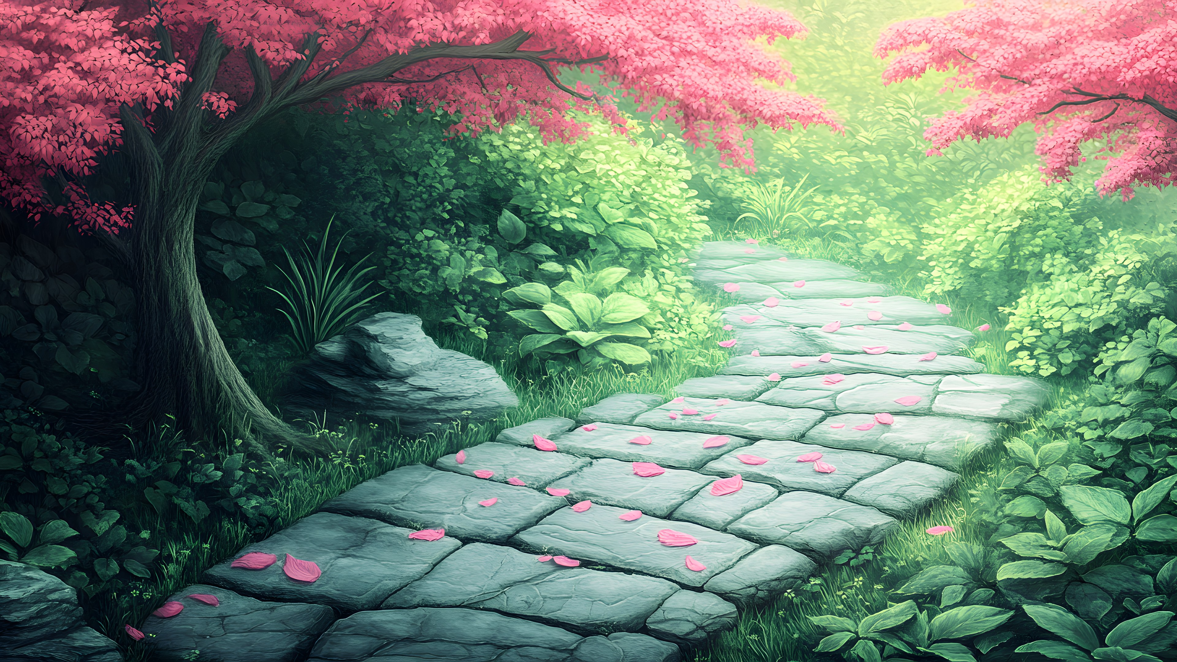 Pink, Garden, Woody plant, Walkway, Animation, Watercolor painting, Botanical garden, Acrylic paint, Wallpaper, Geraniums