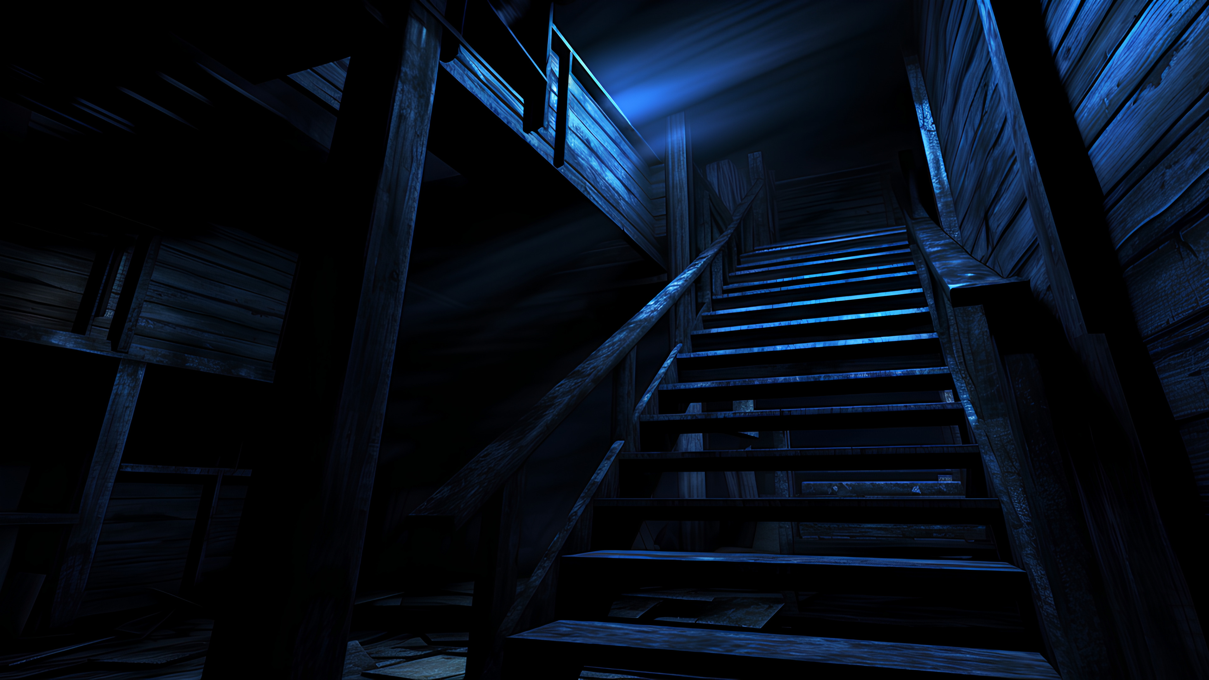 Wood, Stairs, Fixture, Parallel, Symmetry, Tints and shades, Darkness, City, Metal, Building, Glass, Composite material, Electric blue, Daylighting, Handrail, Room, Engineering