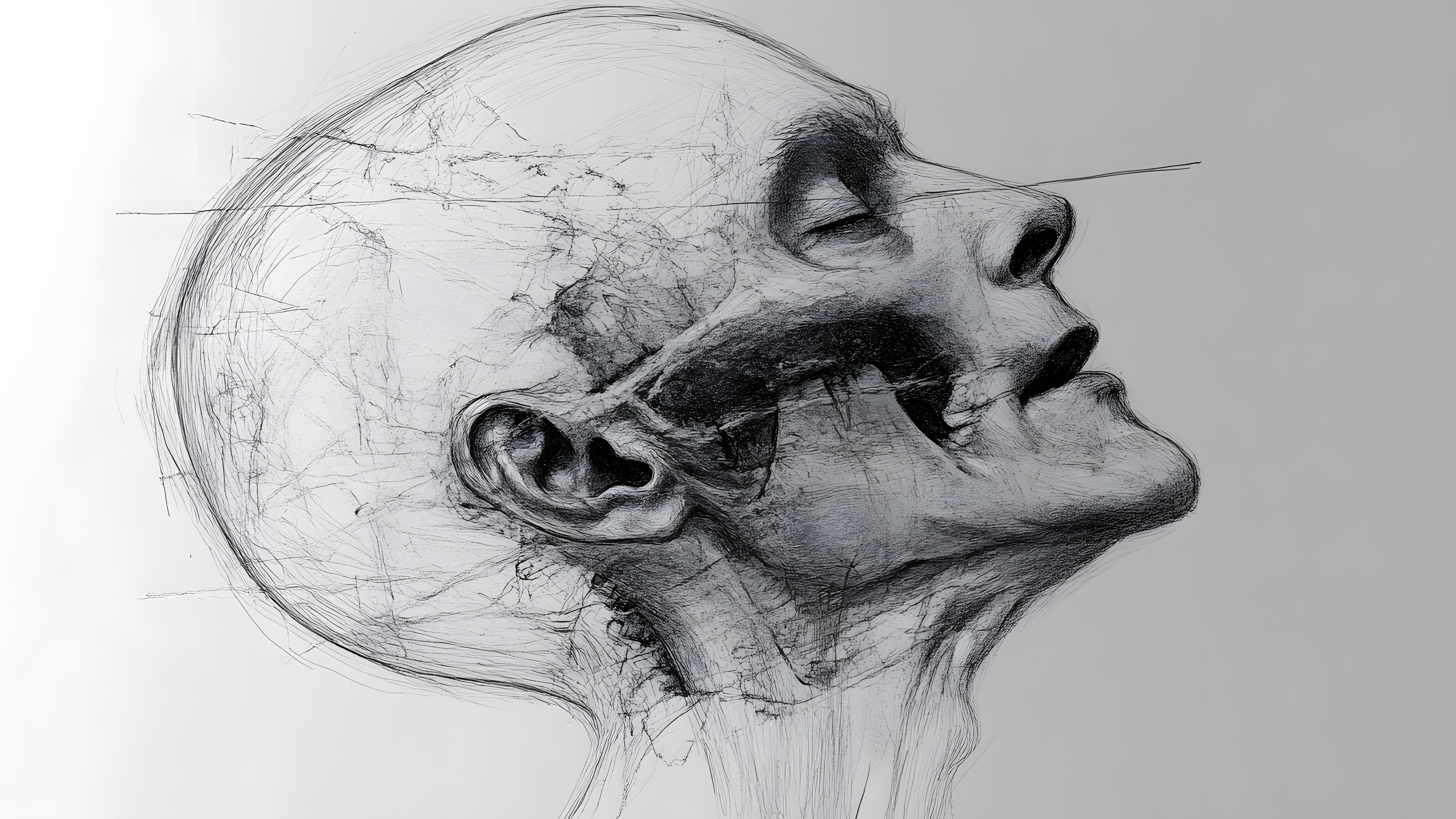 Jaw, Bone, Facial expression, Drawing, Black and white, Sketch, Skull, Human anatomy, Illustration, Line art, Figure drawing, Graphics, Self-portrait, Wrinkle