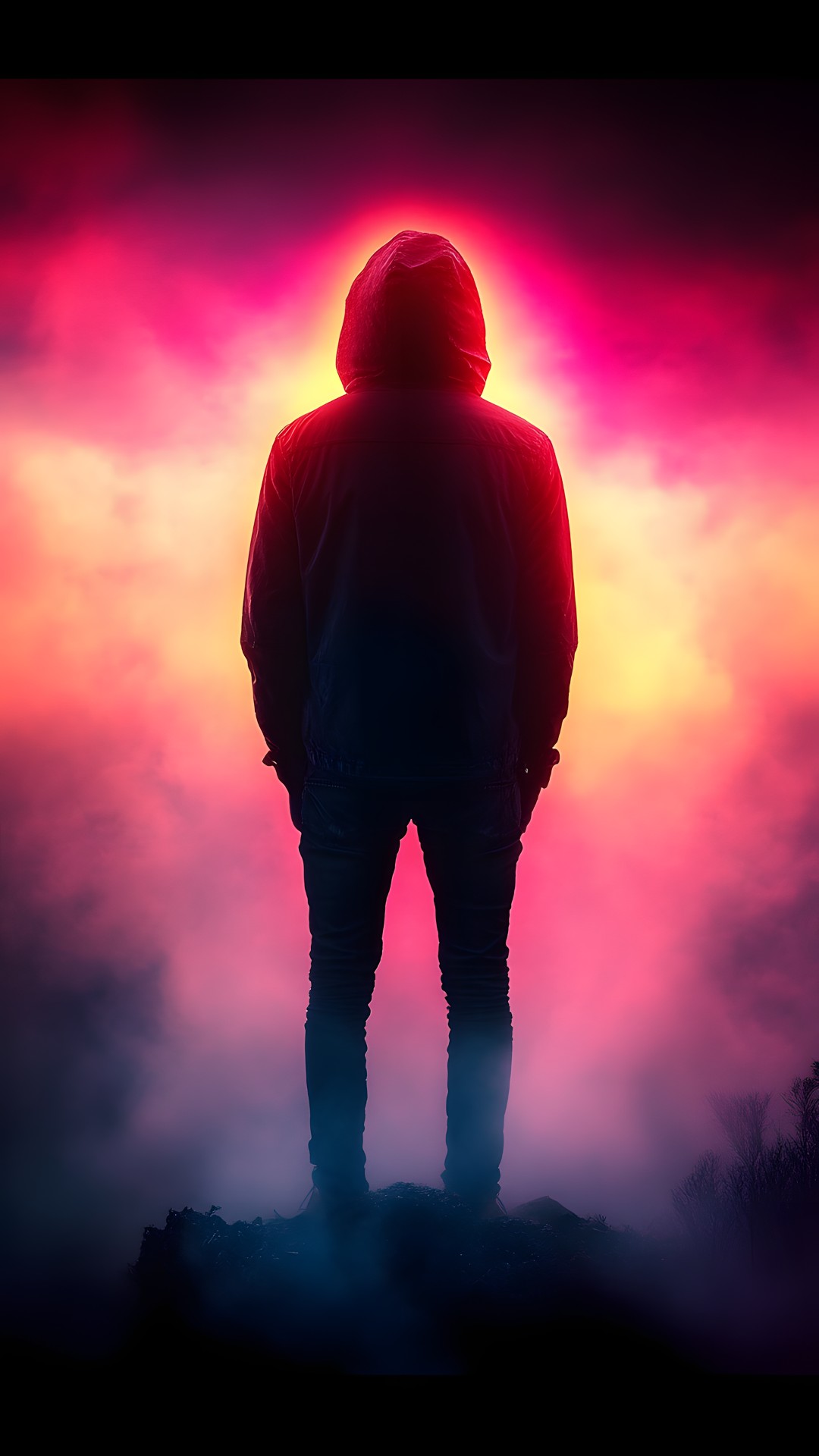 Red, Orange, Afterglow, Dusk, Sunset, Hood, Sunrise, People in nature, Red sky at morning, Evening, Backlighting, Lens flare, Silhouette, Dawn, Heat, Meteorological phenomenon, Hoodie