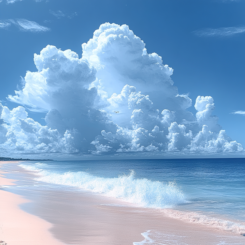 Cloud, Sky, Blue, Daytime, Body of water, Cumulus, Nature, Fluid, Horizon, Sea, Liquid, Ocean, Wave, Wind wave, Coastal and oceanic landforms, Beach, Meteorological phenomenon, Sunlight, Coast, Tropics