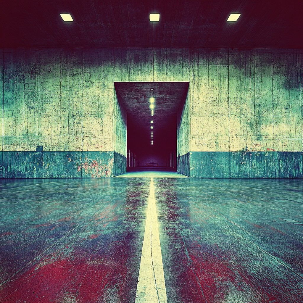 Photograph, Flooring, Floor, Composite material, Grey, Concrete, Subway, Tunnel, Symmetry, Shadow, Design, Tile, Walkway