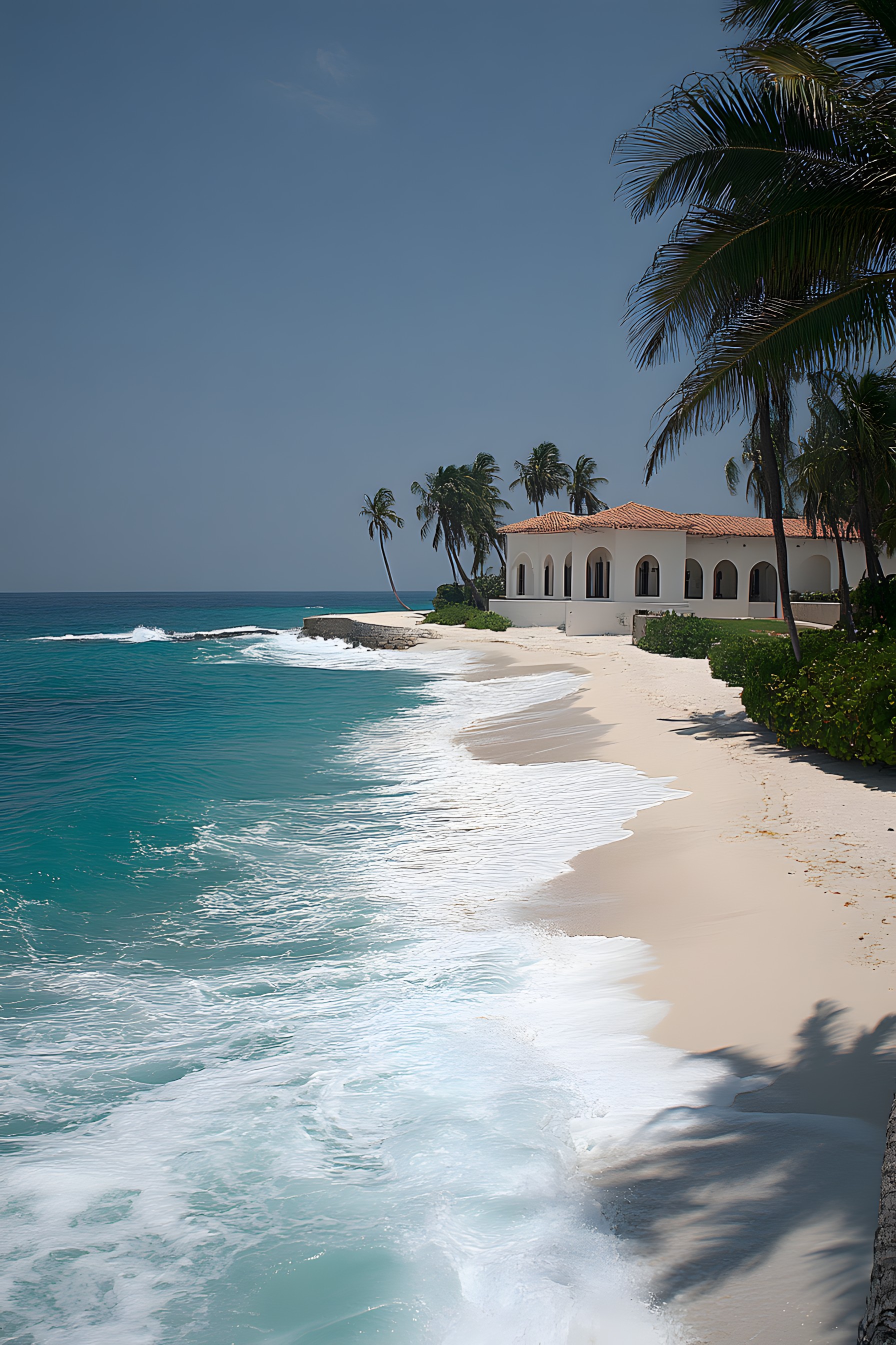 Blue, Body of water, Sea, Fluid, Beach, Wave, Summer, Coastal and oceanic landforms, Coast, Ocean, Liquid, Wind wave, Shore, Tropics, Vacation, Leisure, Wind, Holiday, Caribbean, Palm trees