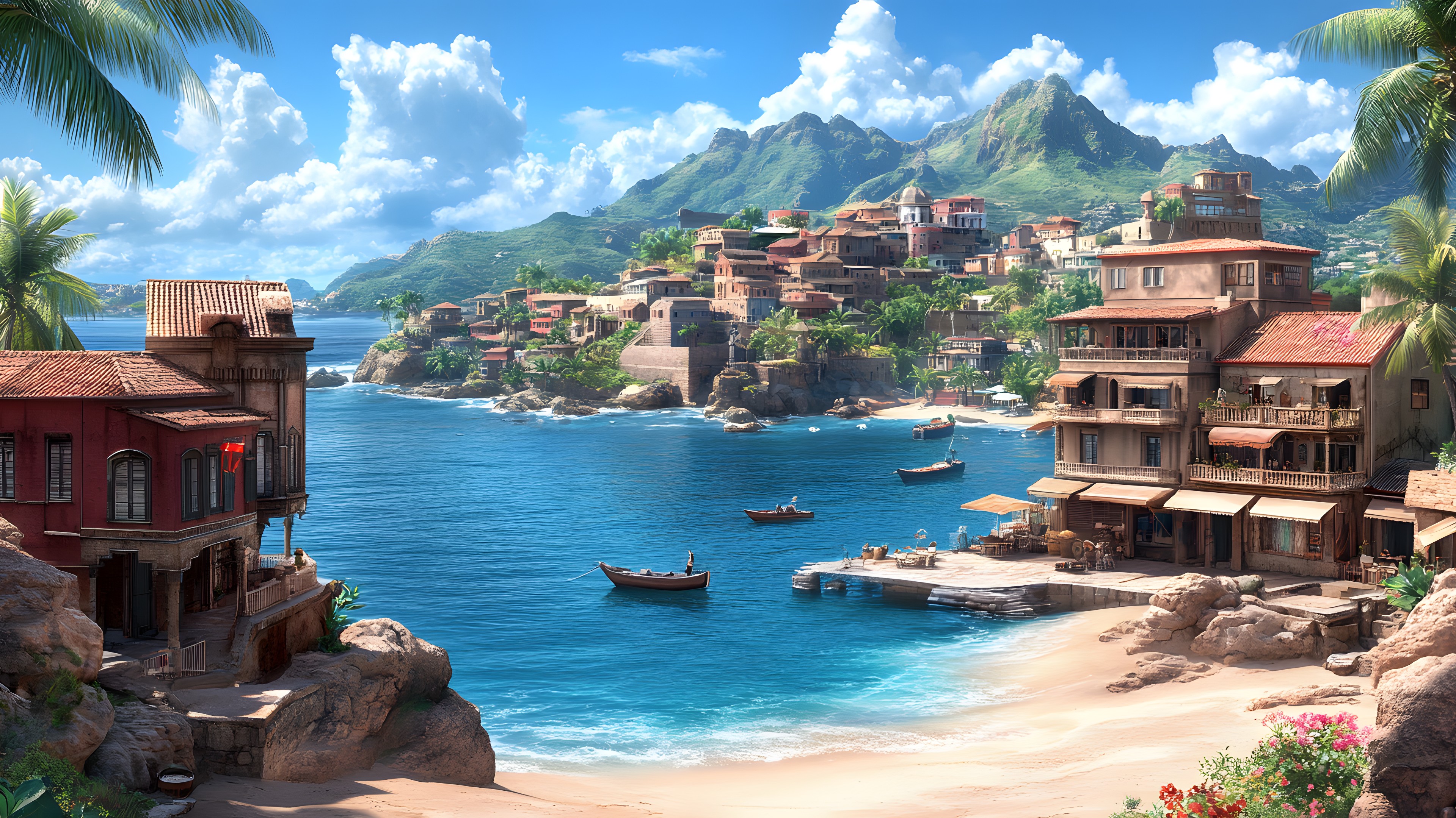 Coast, Cloud, Coastal and oceanic landforms, Sea, Ocean, Shore, Tropics, Island, Bay, Palm trees, Animation, Beach, Resort town, PC game, Caribbean, Vacation, Cove, Promontory, Mountain Village, Panorama