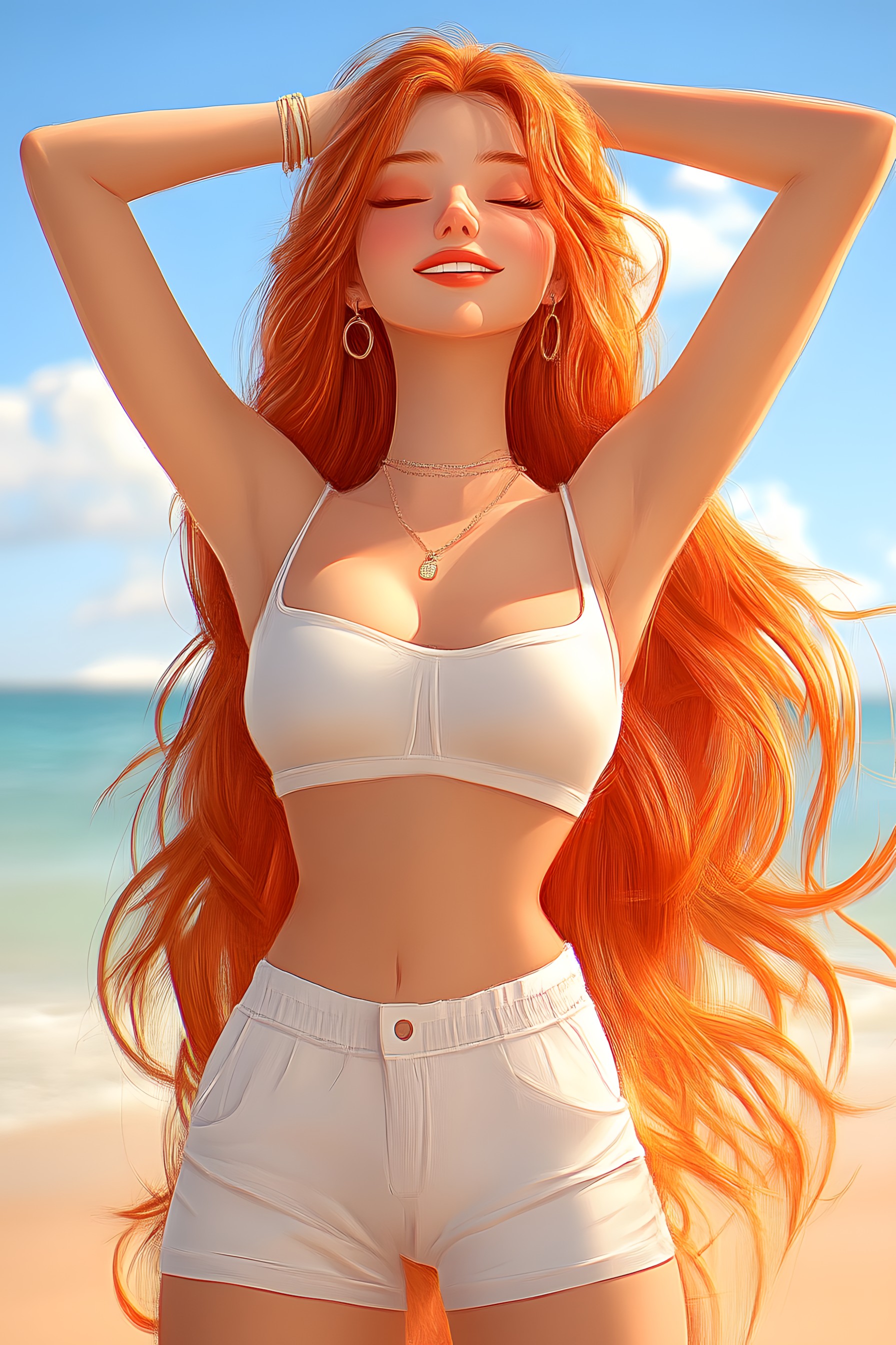 Beauty, Long hair, Red hair, Brown hair, Blond, CG artwork, Animation, Abdomen, Navel, Fashion illustration, Model, Stomach, Art Model, Bra, Photo shoot, Bikini, Undergarment