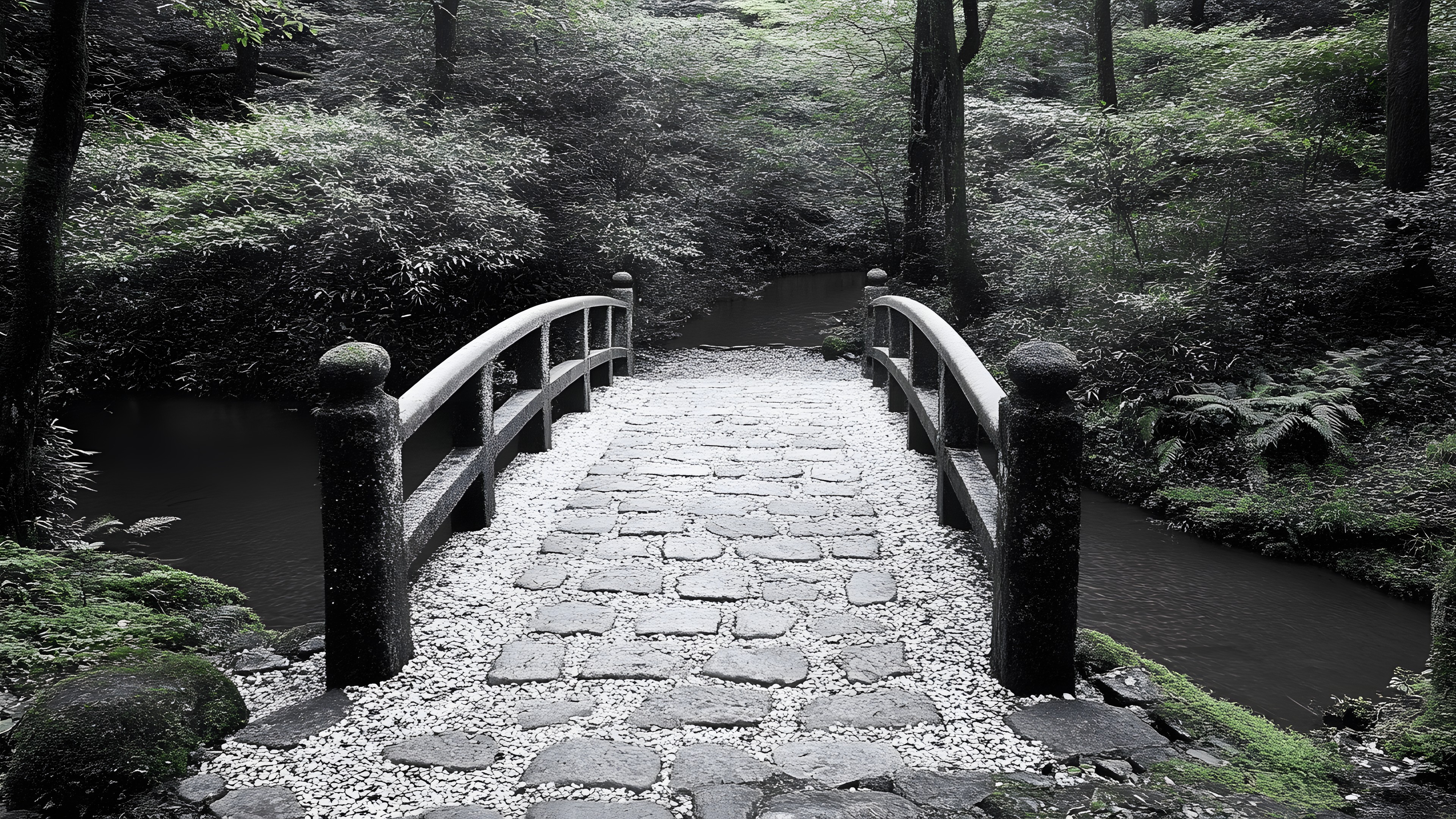 Bridge, Monochrome photography, Forest, Monochrome, List of nonbuilding structure types, Stream, Walkway, Trail, Arch bridge, Woodland, Fence, Jungle, Split-rail fence, Creek, Old-growth forest, Humpback bridge, Cobblestone, Riparian zone, Rainforest, Handrail