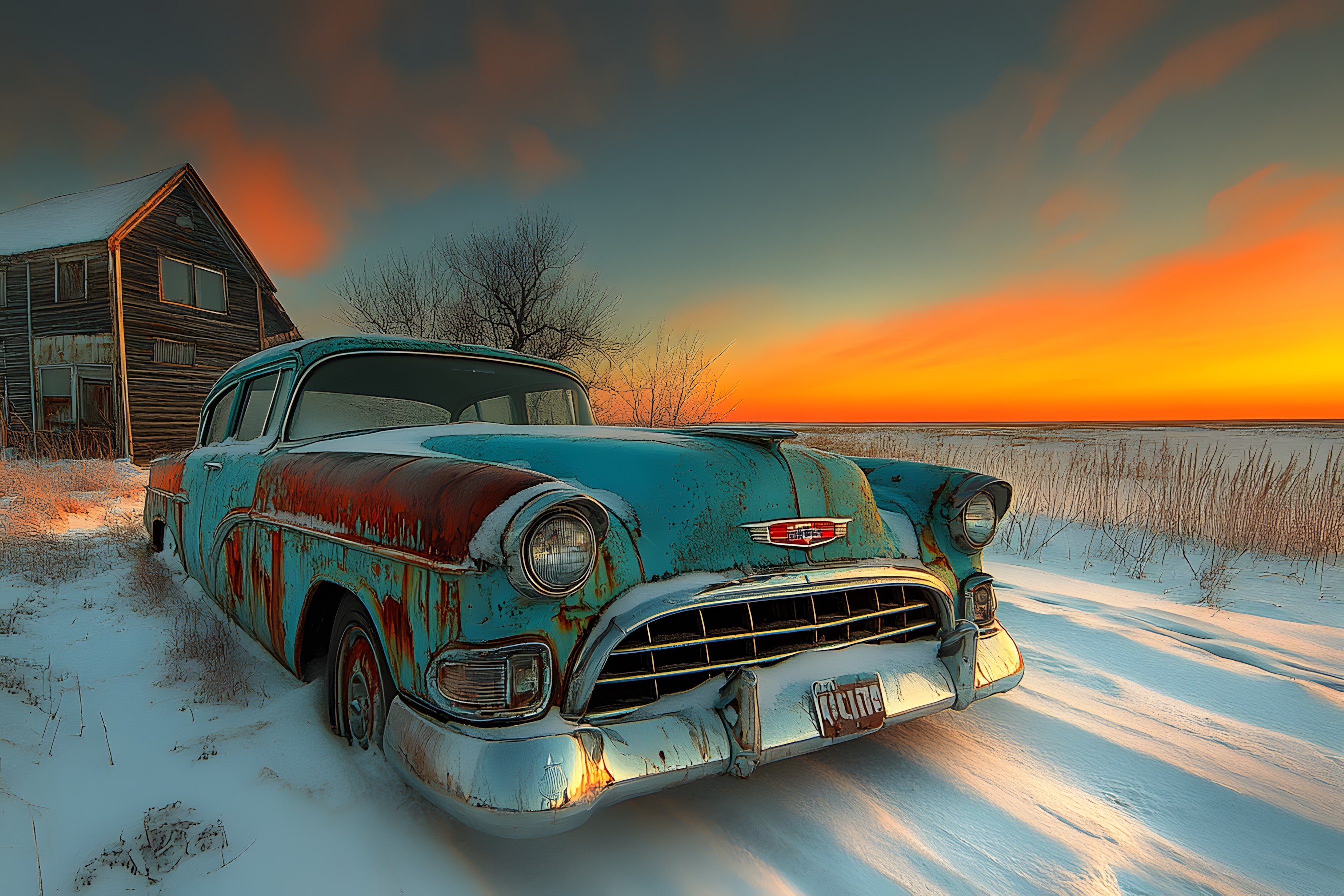 Automotive lighting, Headlamp, Hood, Classic car, Antique car, Dusk, Sunrise, Sunset, Bumper, Fender, Car door, Grille, Vintage car, Red sky at morning, Afterglow, Evening, Rust, Chevrolet, Custom car