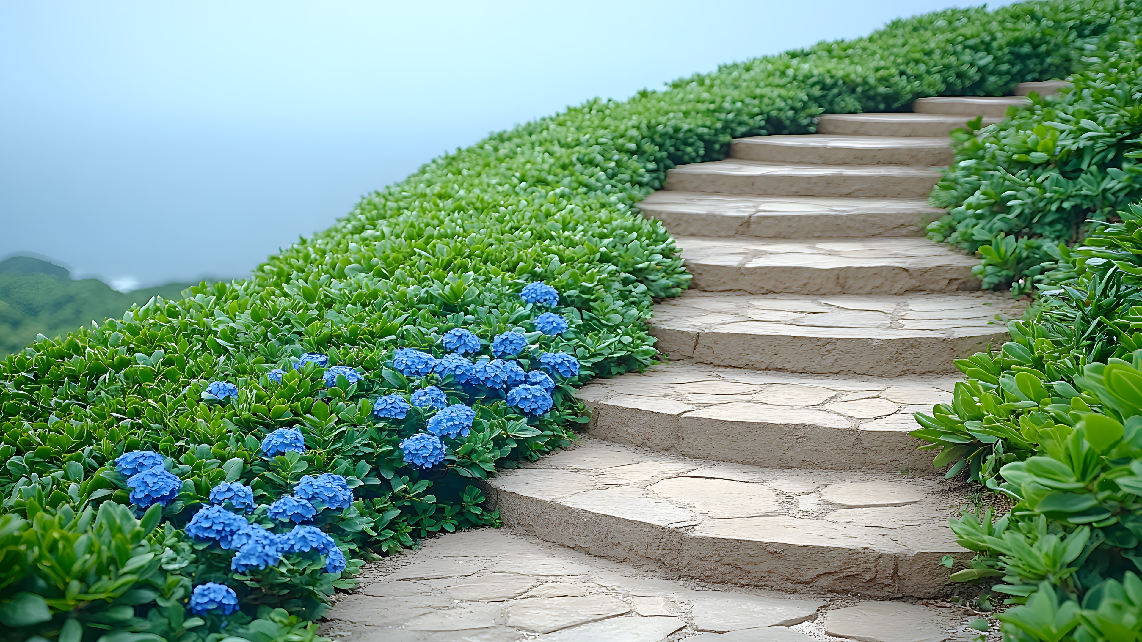 Flower, Shrub, Garden, Petal, Groundcover, Landscaping, Hydrangea, Hydrangeaceae, Perennial plant, Botanical garden, Stairs, Cornales, Borages, Lobelias, Plantation
