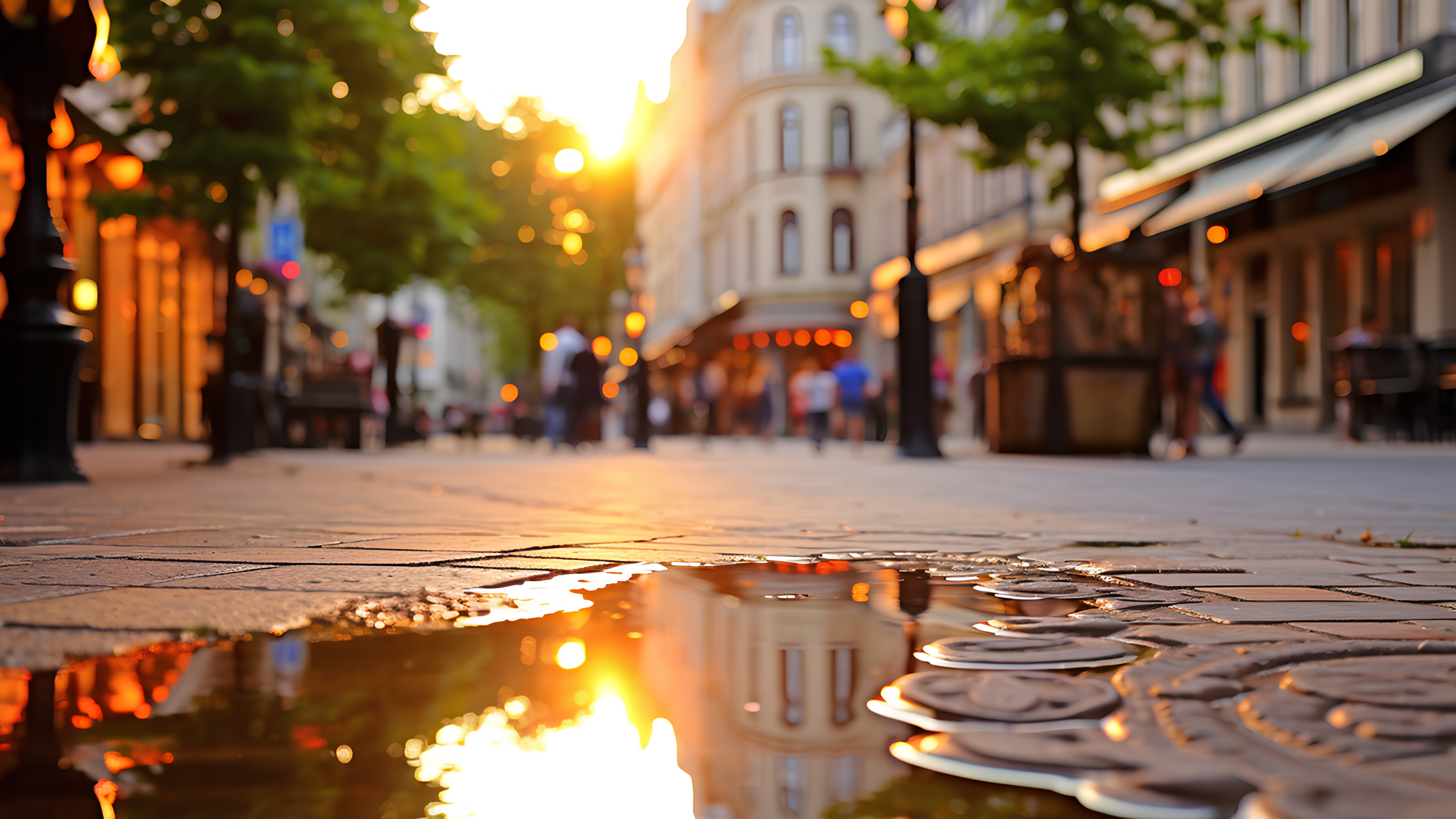 Water, Daytime, Amber, Leaf, Light, Nature, Road surface, Infrastructure, Orange, Sky, Sunlight, Architecture, Asphalt, Tree, Yellow, Building, Neighbourhood, Flooring, Public space, Woody plant