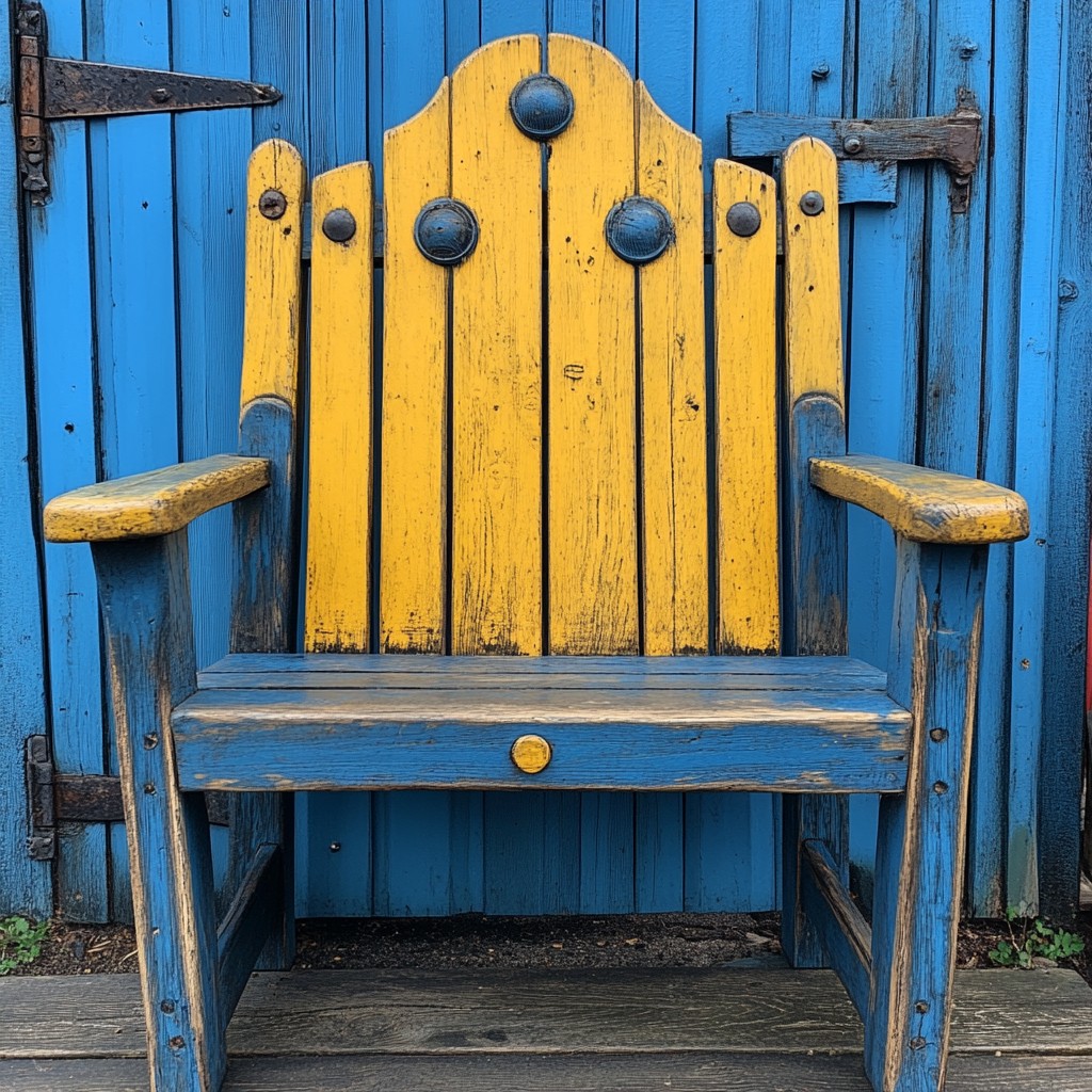 Blue, Wood, Yellow, Furniture, Outdoor furniture, Chair, Wood stain, Hardwood, Plank, Paint, Outdoor Bench, Armrest, Bench, Lumber