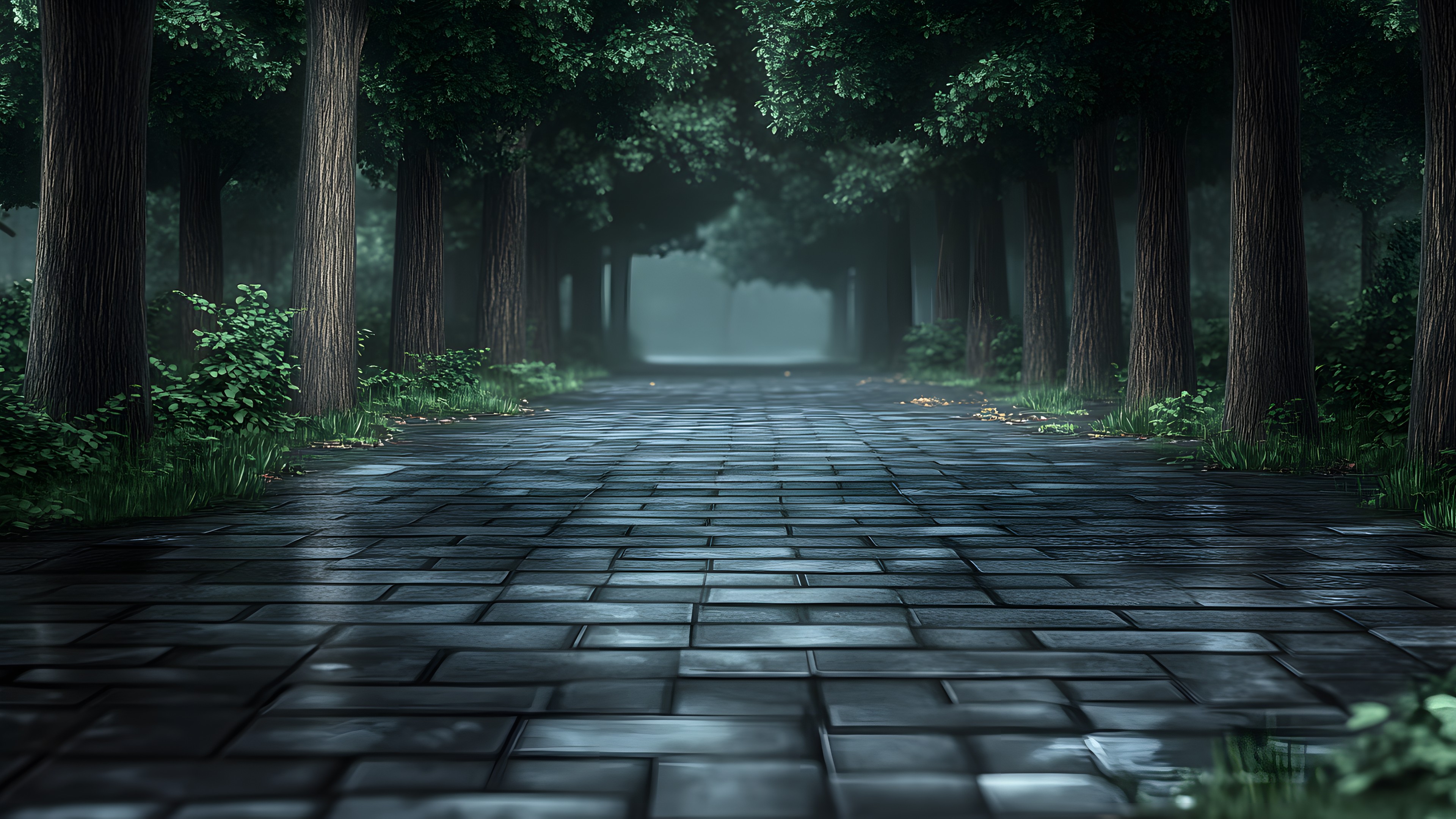 atmospheric phenomenon, Walkway, Forest, Trunk, Woodland, Trail, Cobblestone, Alley, Grove, Old-growth forest, Shadow, Path, Northern hardwood forest, Flagstone, Night, Stairs