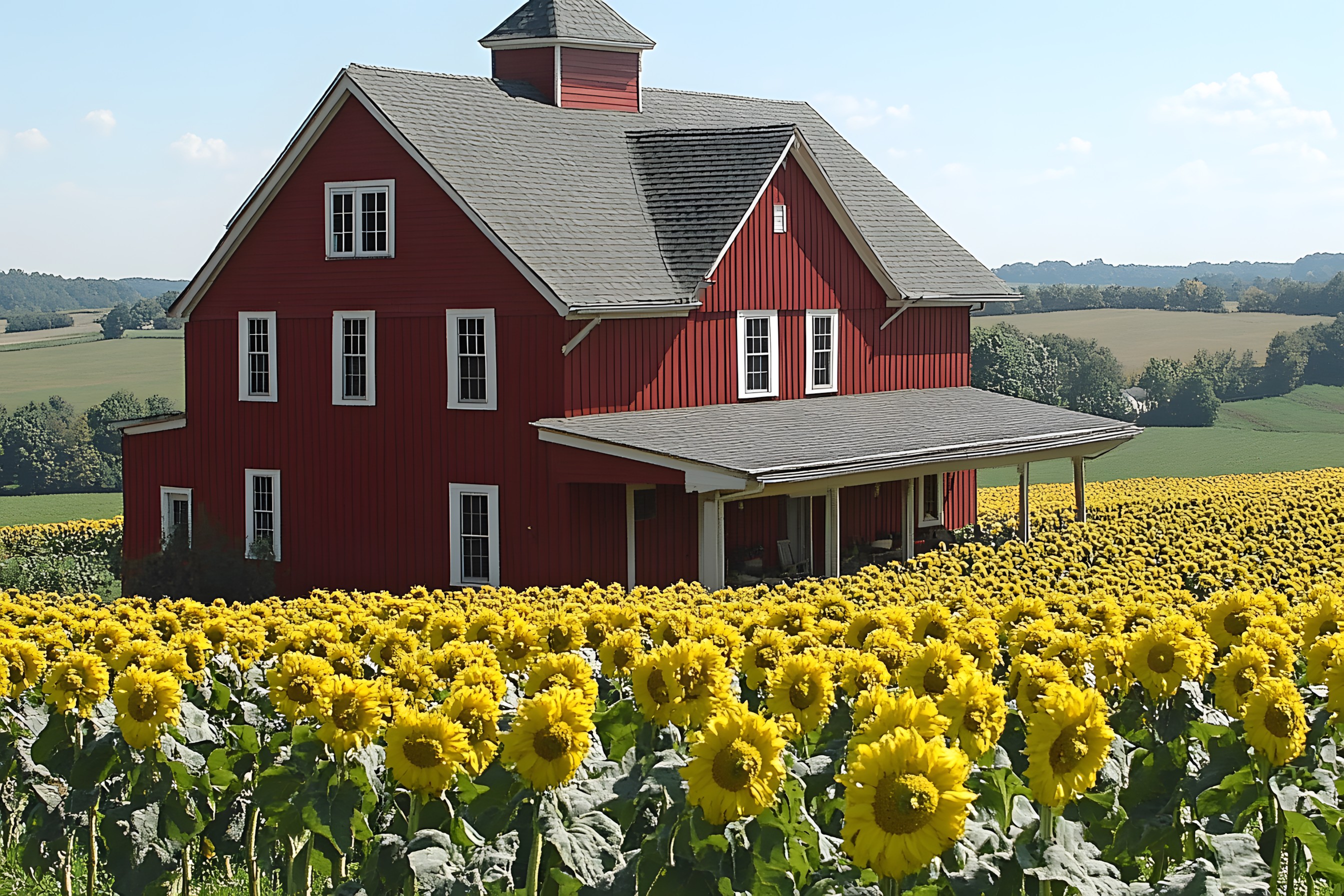 House, Cottage, Field, Agriculture, Plantation, Farmhouse, Farm, Wildflower, Crop, Sunflowers, Barn, Croft