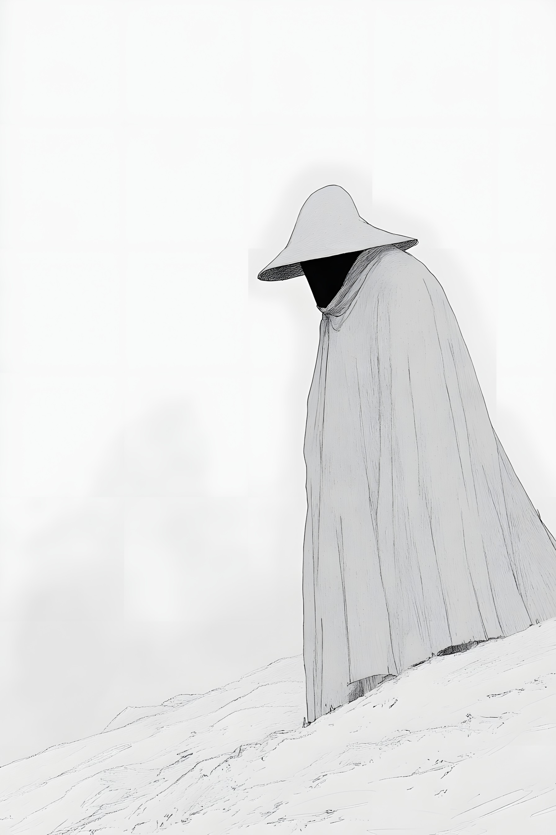 White, Drawing, Sketch, Line art, Cloak, Fashion illustration, Fictional character, Costume design