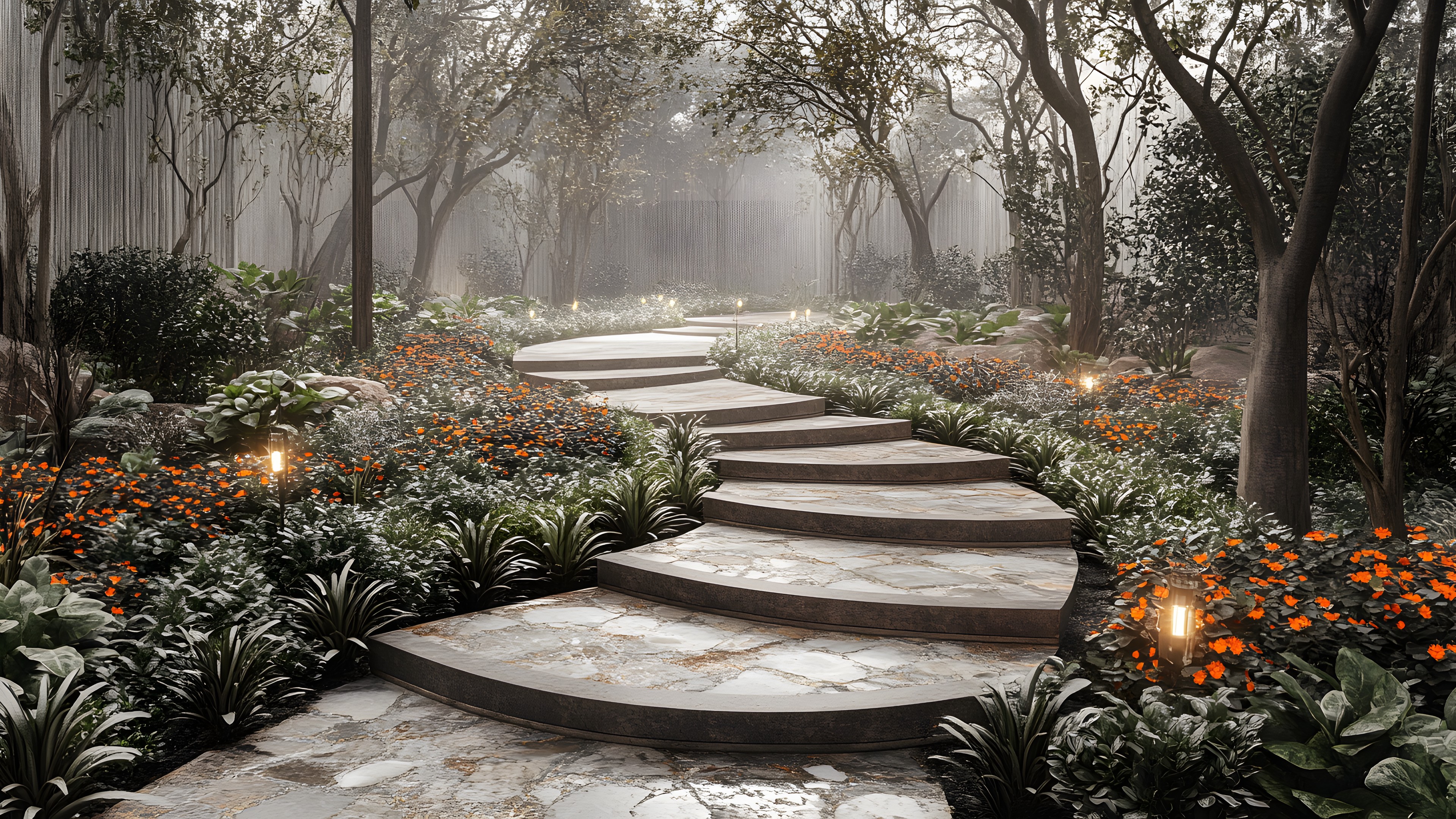 Plants, Garden, Shrub, Landscaping, Walkway, Woody plant, Botanical garden, Landscape lighting, Park, Trail, Mist, Gardening, Water feature, Backyard