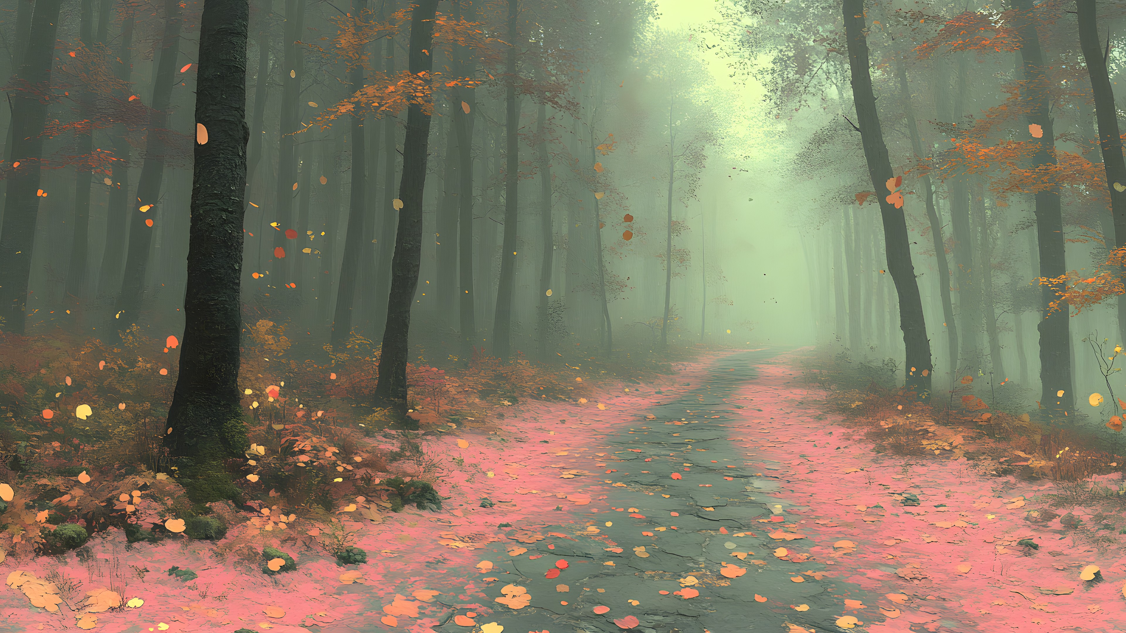 Nature, atmospheric phenomenon, Natural environment, Leaf, Wood, Natural landscape, Branch, Forest, Mist, Fog, Woodland, Trunk, Northern hardwood forest, Autumn, Grove, Trail, Old-growth forest, Jungle, Morning, Haze