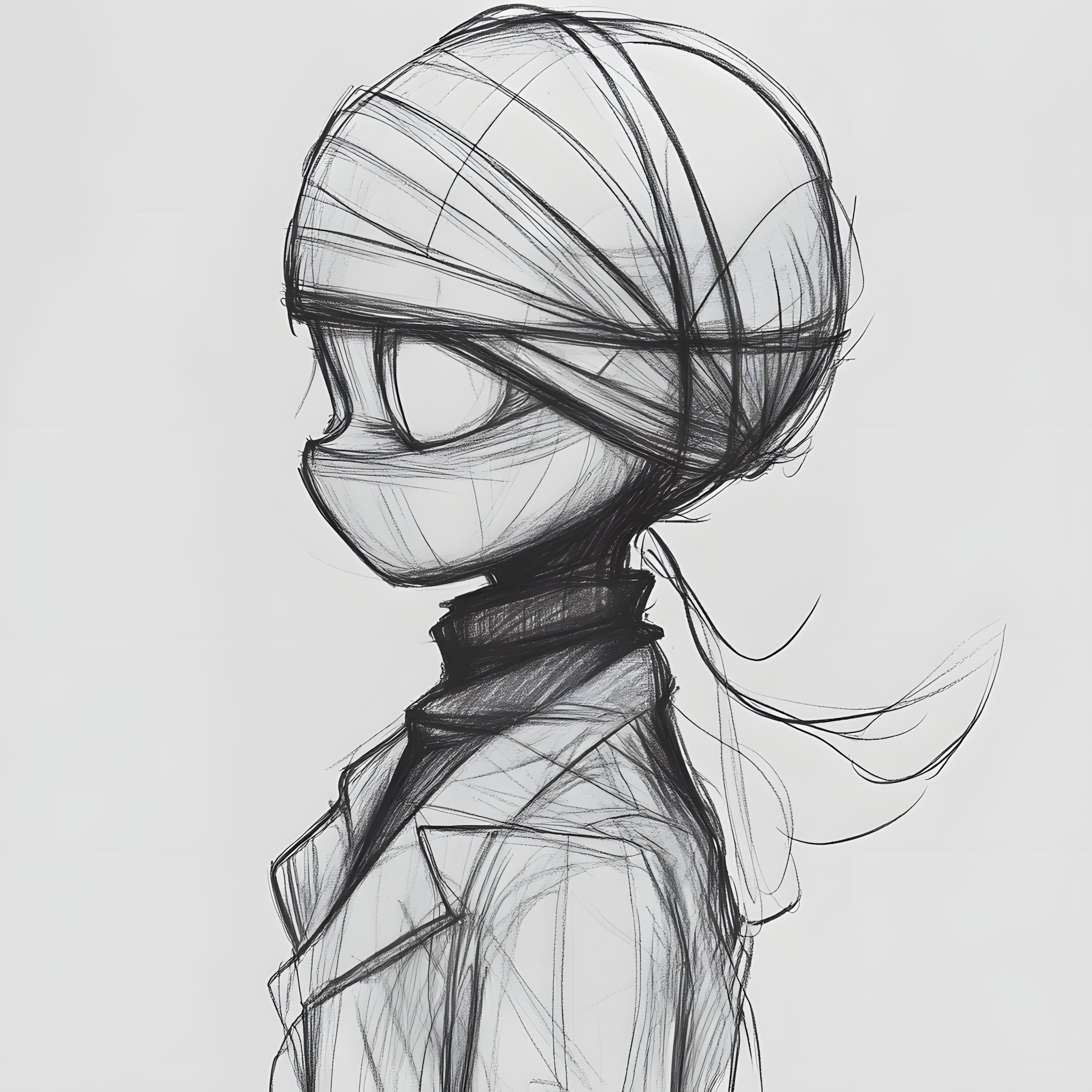 Drawing, Line art, Sketch, Monochrome, Fashion illustration, Animation, Fictional character, Mask