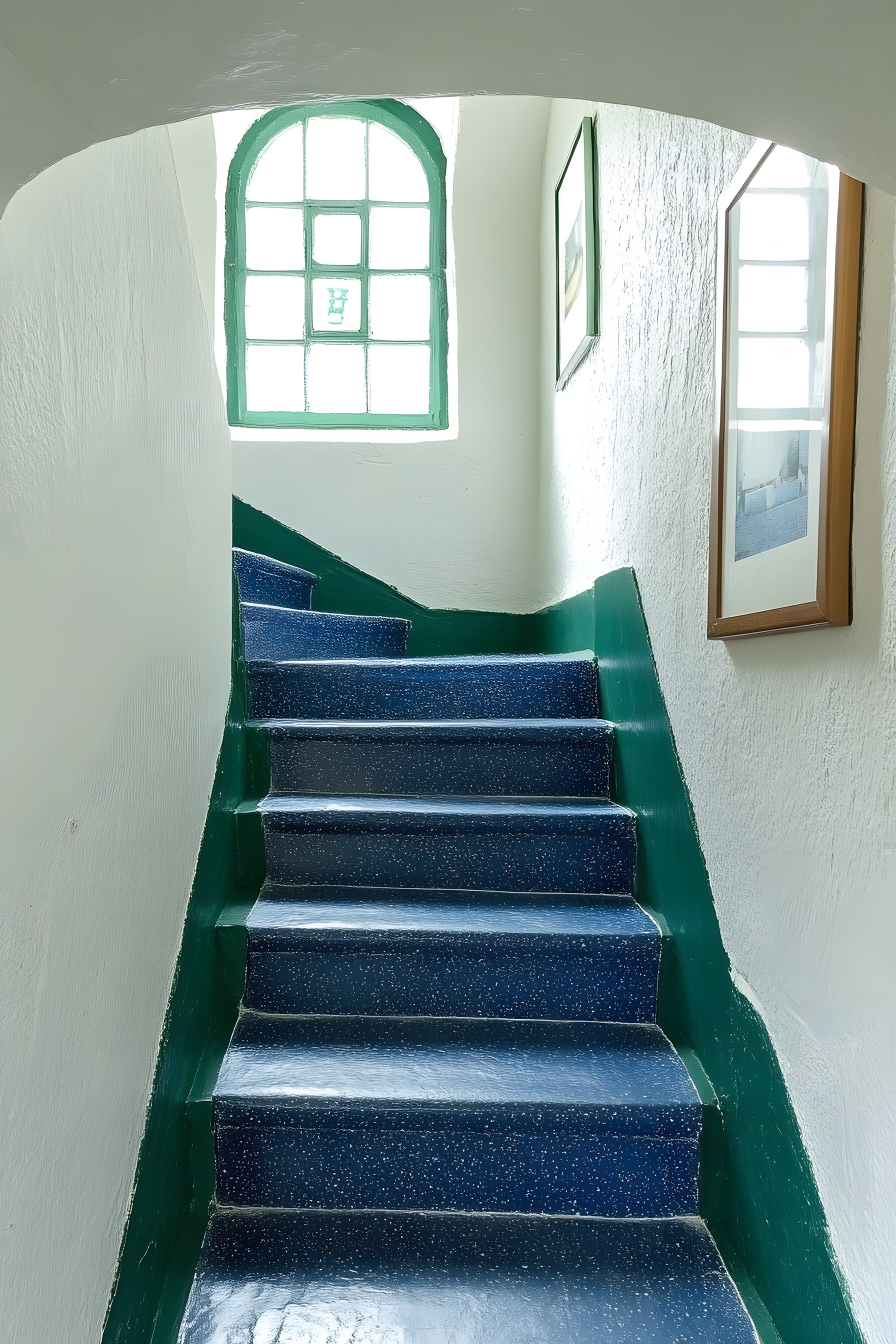 Blue, Stairs, Handrail, Paint, Carpet