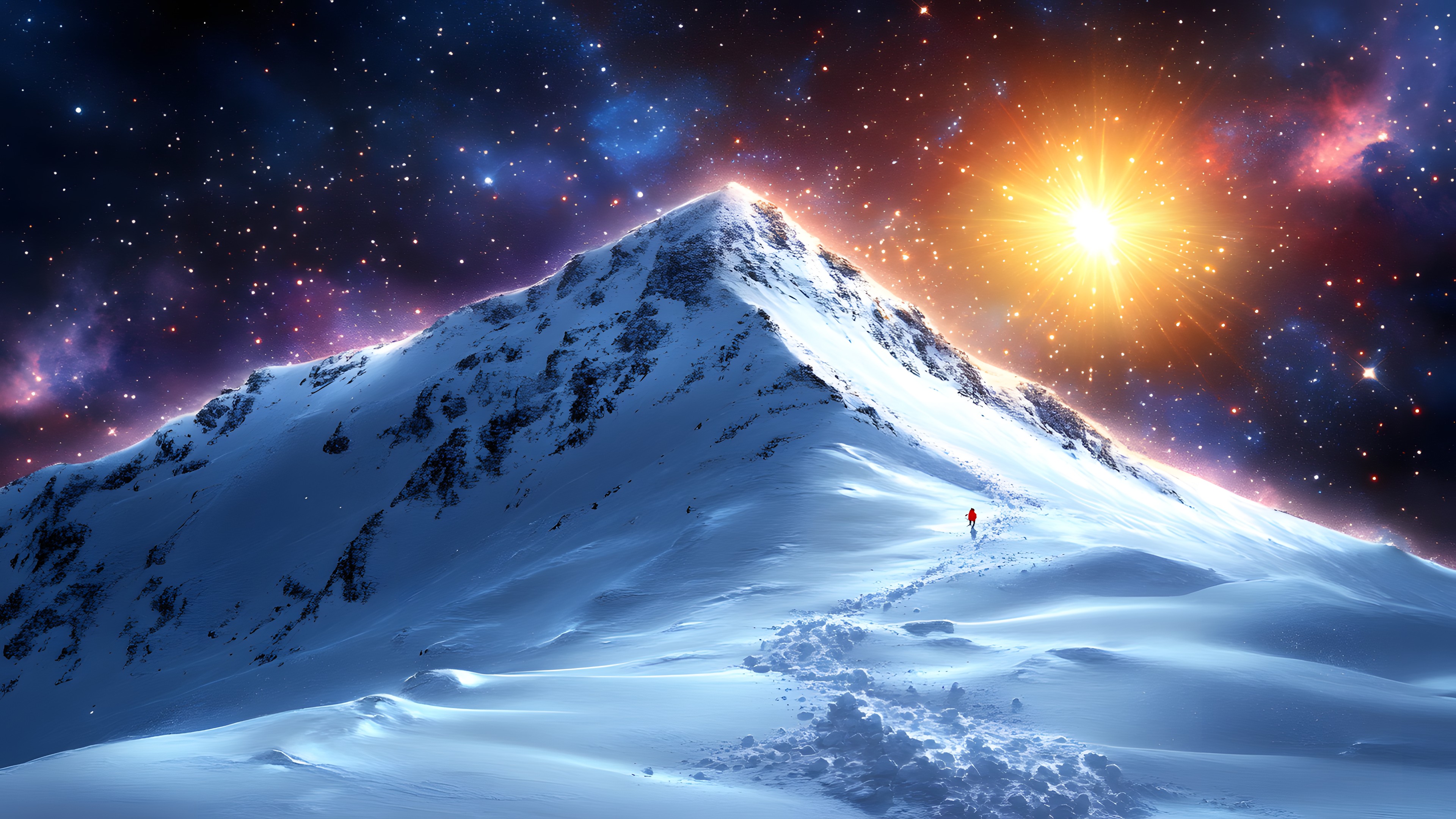 Winter, Astronomical object, Snow, Star, geological phenomenon, Outer space, Mountain range, Universe, Glacial landform, Summit, Freezing, Alps, Astronomy, Glacier, Arctic, Precipitation, Ice cap, Ridge, Night, Sun