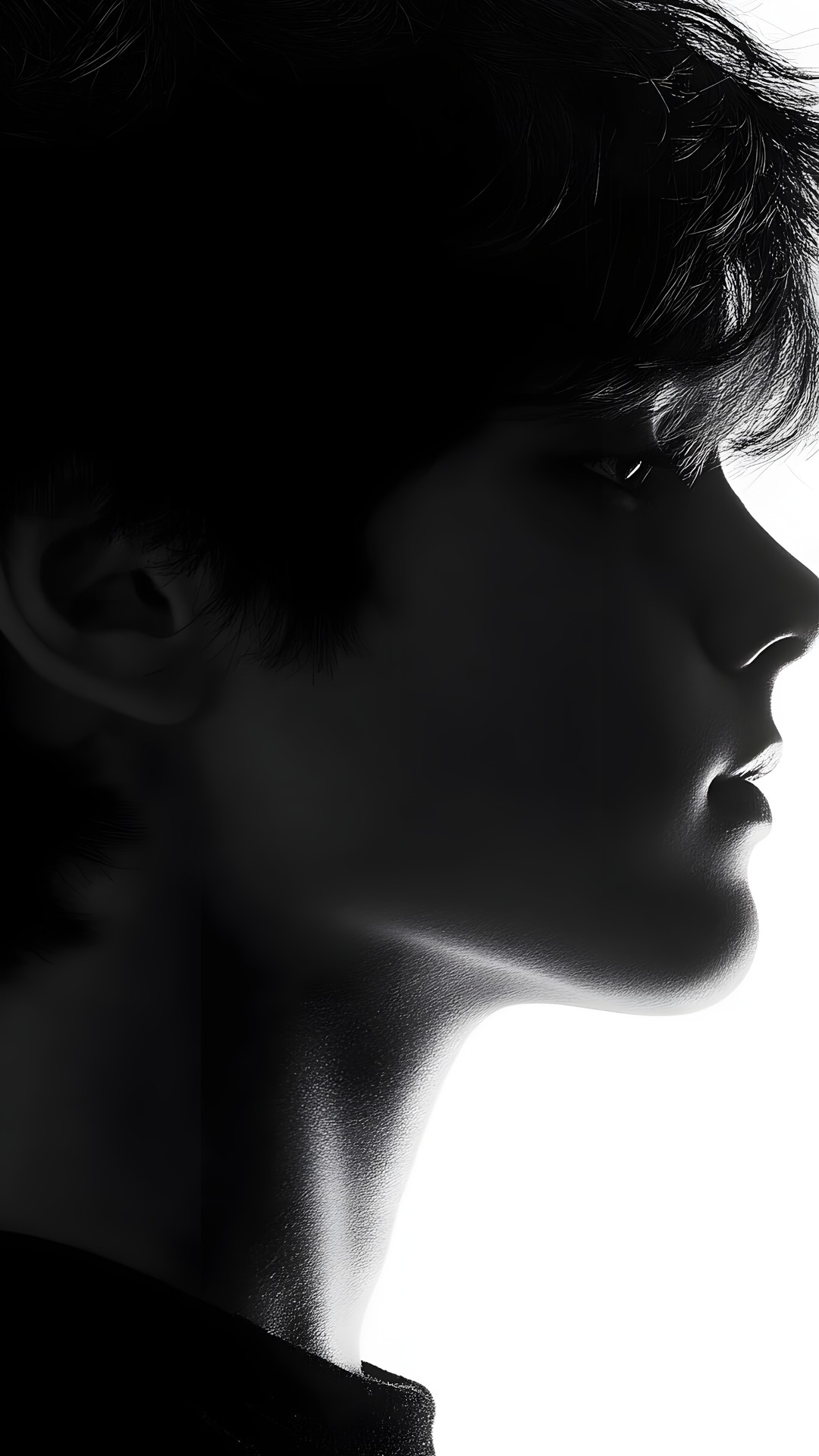 Lips, Monochrome photography, Jaw, Facial expression, Eyelash, Black hair, Pixie cut, Black, Portrait photography, Black and white, Monochrome, Portrait, Bangs, No expression, Crop, Asymmetric cut, Photo shoot