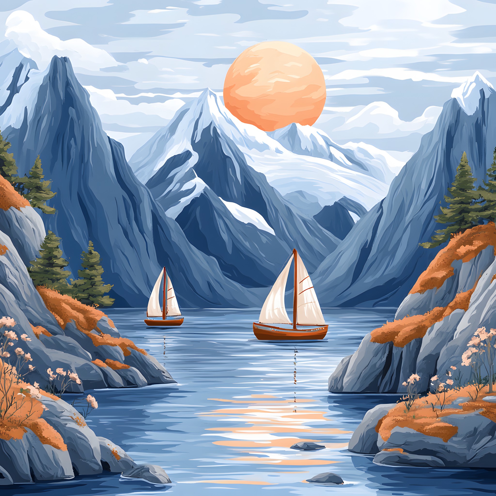 Mountainous landforms, Mountain, Natural landscape, Cloud, Boat, Watercraft, Mountain range, Mountain river, Painting, River, Paint, Glacial landform, Sound, Watercolor painting, Winter, Loch, Glacier, Sail, Sunrise, Sailboat