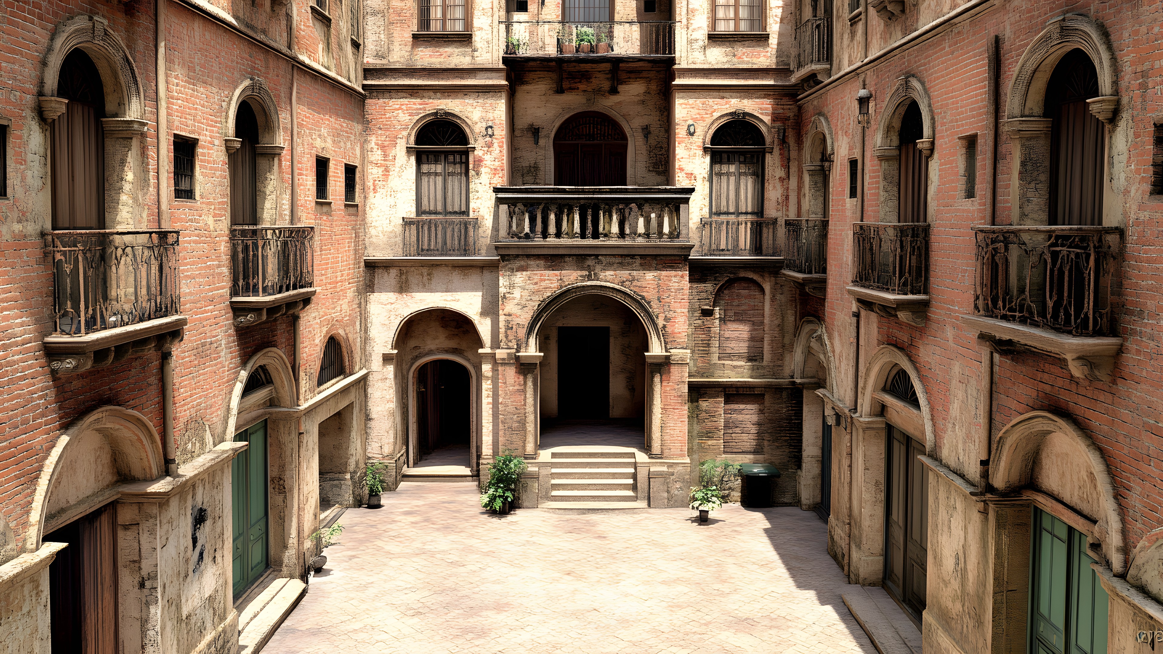 Arch, Brick, Brickwork, Arcade, Medieval architecture, Courtyard, Symmetry, Hacienda, Column, Vault, Balcony, Caravanserai