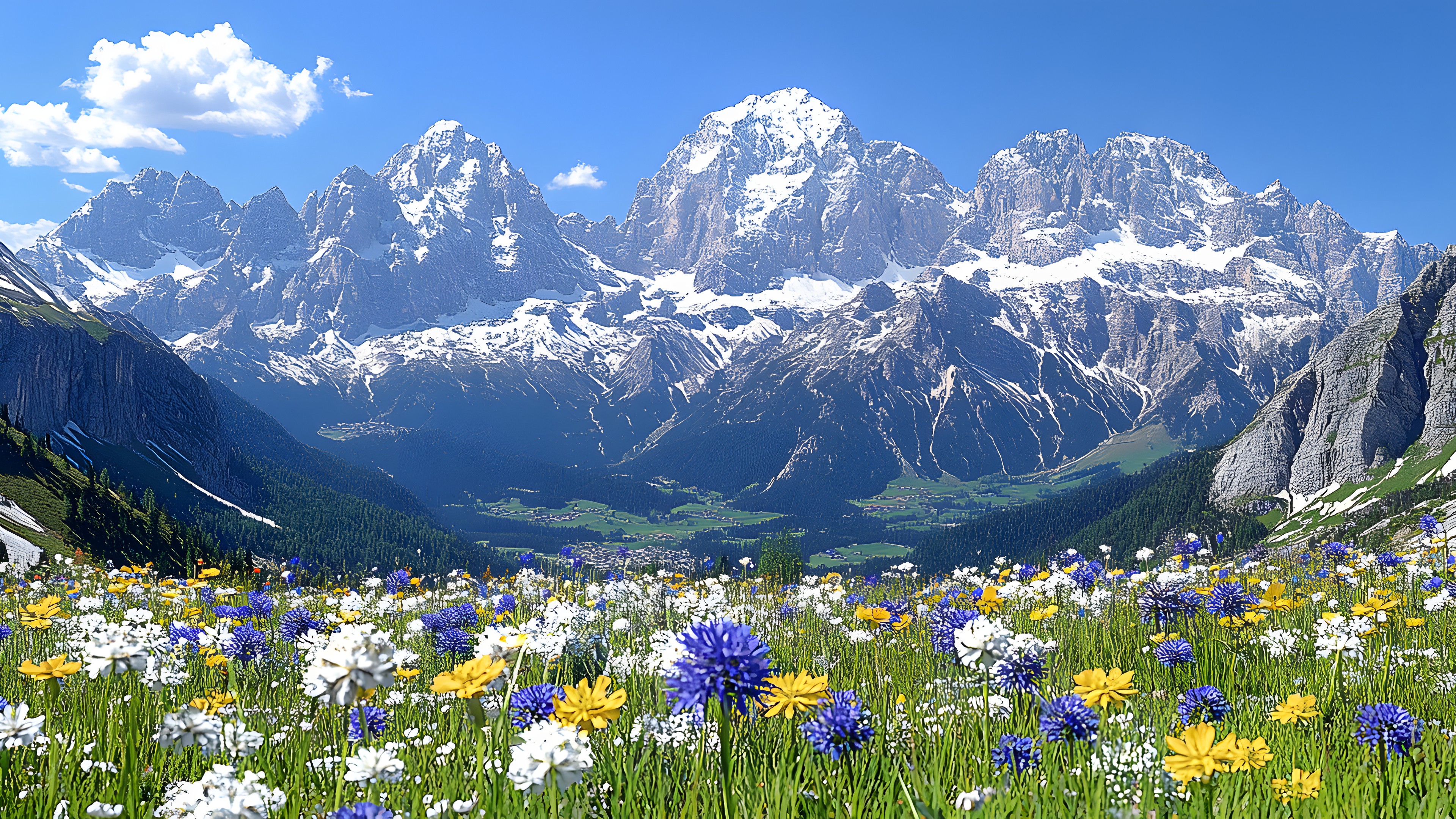Mountainous landforms, Mountain, Mountain range, Glacial landform, Hill station, Alps, Meadow, Valley, Ridge, Wildflower, Summit, Snow, Glacier, Arête, Batholith, Massif, Evergreen, Panorama, Lupine, National park