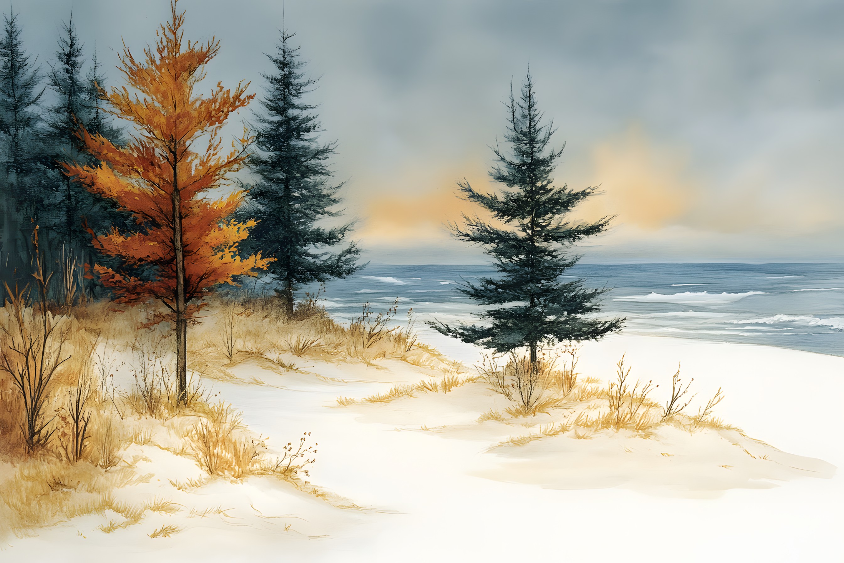 Winter, Larch, Snow, Watercolor painting, Freezing, Art Paint, Paint, Conifers, Frost, Evergreen, Cupressaceae, Pine family, Fir, Acrylic paint, Wind, Pine, Modern art