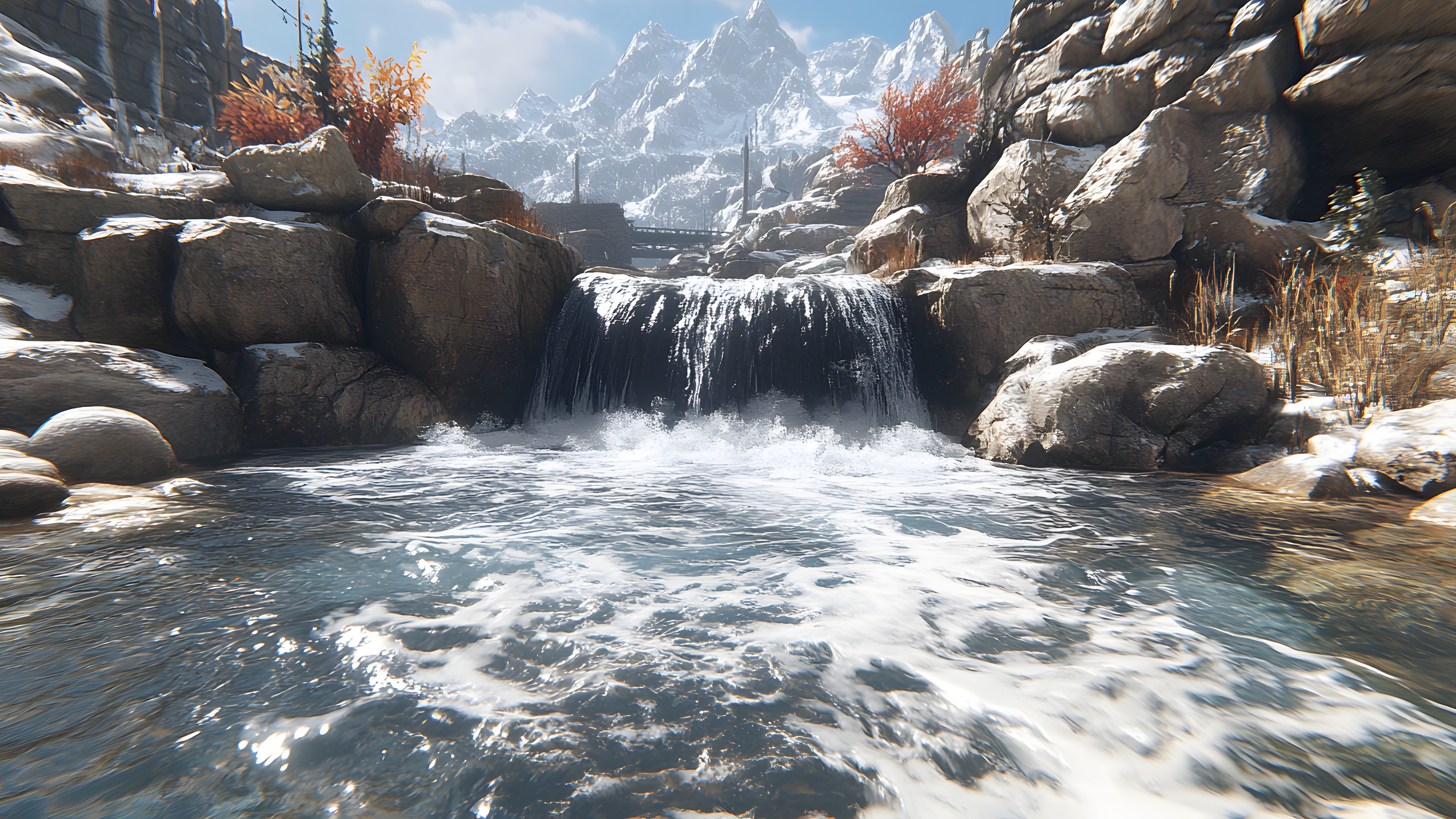 Rock, Stream, Watercourse, Mountain river, Cloud, Terrain, River, Valley, Fluvial landforms of streams, Mountain range, Bedrock, Waterfall, Rapids, Water feature, Larch, Spring, Alps, Riparian zone, Creek, Winter